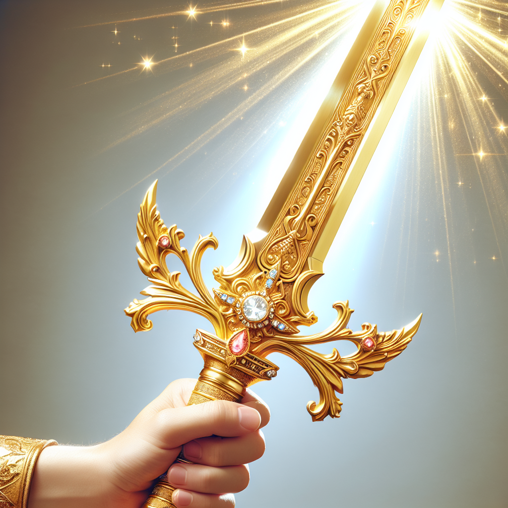 Imagine a golden holy sword being worn by a being. The blade is bright and sharp, made entirely of pure gold, with intricate carvings on its surface. The hilt is ornately decorated with jewels, and the whole sword radiates a divine aura, suggesting a sense of holiness.