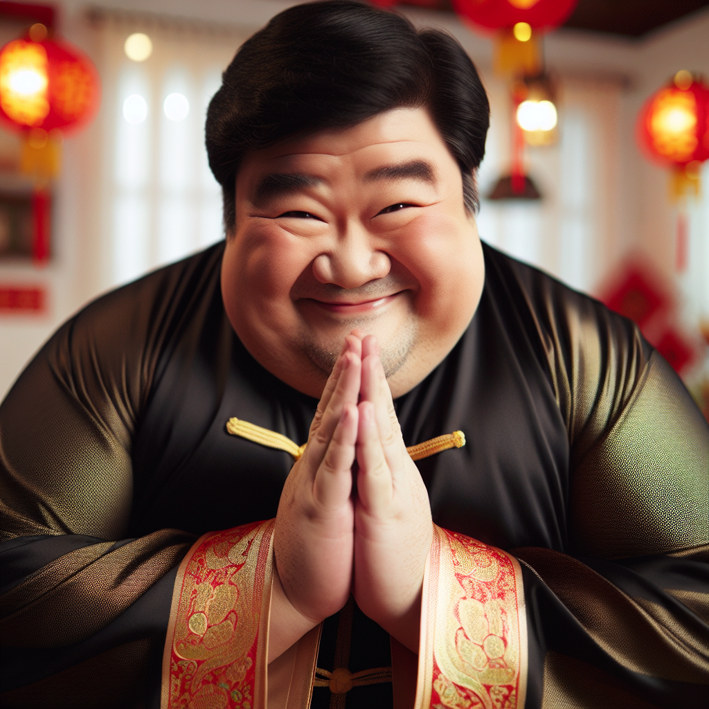 A cheerfully plump middle-aged man of Chinese descent, wearing traditional Chinese attire, humbly bows with a warm smile to everyone around him. His hands are clasped together in a respectful and traditional Chinese greeting as he wishes everyone a happy new year. The festive cheer is palpable in the air with decorations and lanterns illuminating the background.
