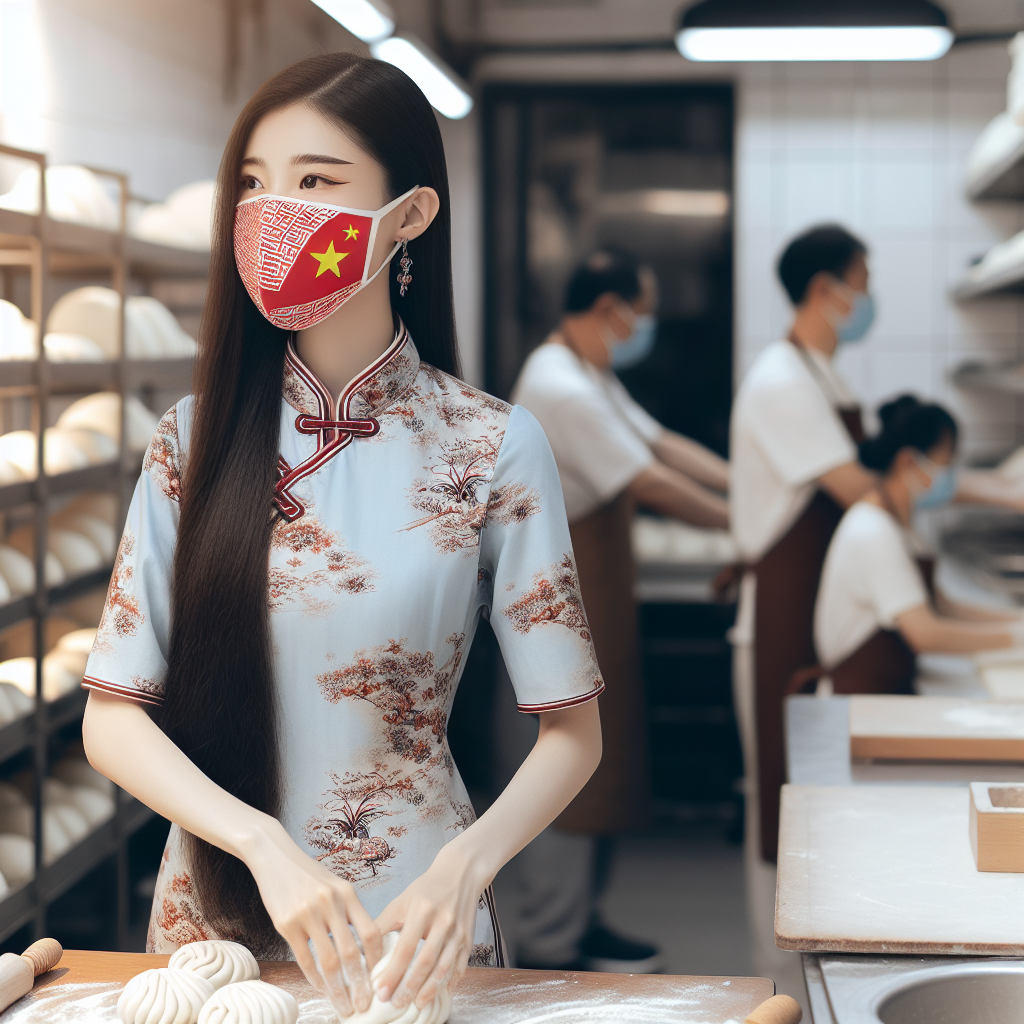 Image of a Chinese girl with long hair and perfect body contours, wearing a mask with a design of the Chinese flag. She is dressed in traditionally Chinese work attire and is seen diligently kneading dough in her baozi (steamed bun) shop. The shop is clean and orderly. The image should highlight the woman's attractive silhouette.
