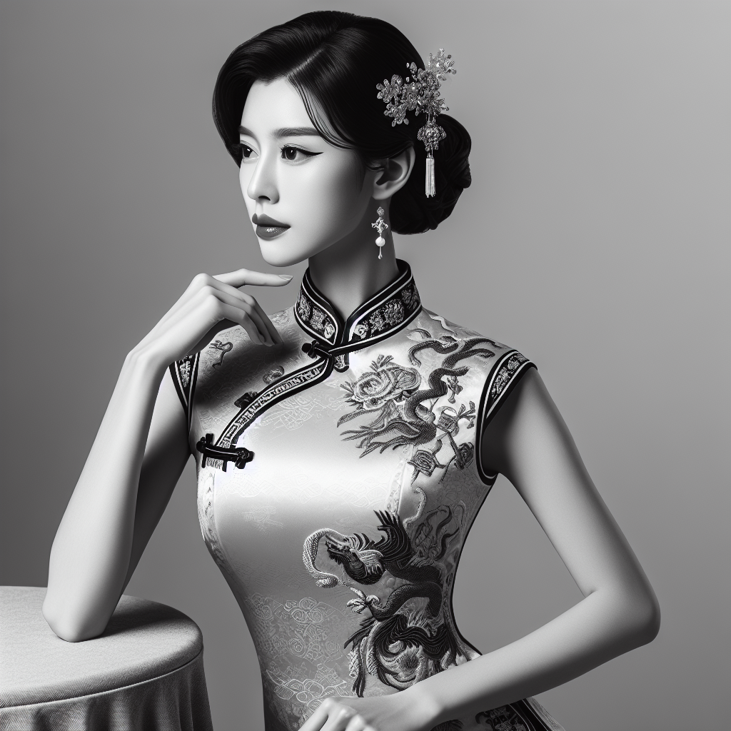 A striking woman of Asian descent, specifically Chinese, wearing a traditional Chinese qipao dress. The qipao dress features intricate embroidery, a high collar, and a side slit that elegantly showcases the craftsmanship. Her hair is delicately styled in a traditional updo, adorned with a few decorative hair accessories. She holds a poised and graceful stance, embodying the elegance of the qipao.