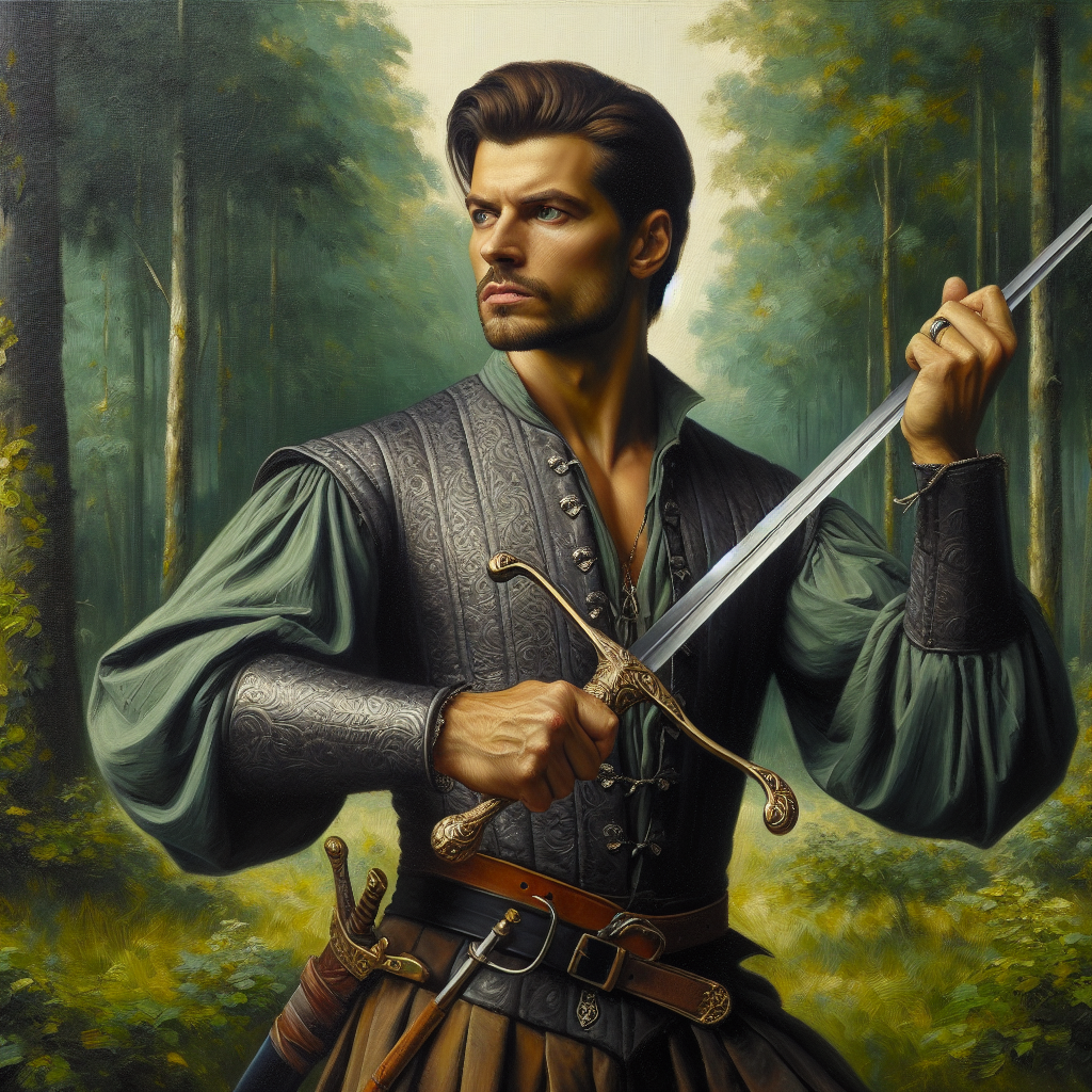 Create an oil painting of a full-bodied male swordsman dressed in traditional medieval attire. He should be holding a sharp, defined sword, and his face should be stern and battle-ready. The background could depict a lush, dense forest to transport viewers back to the Middle Ages.
