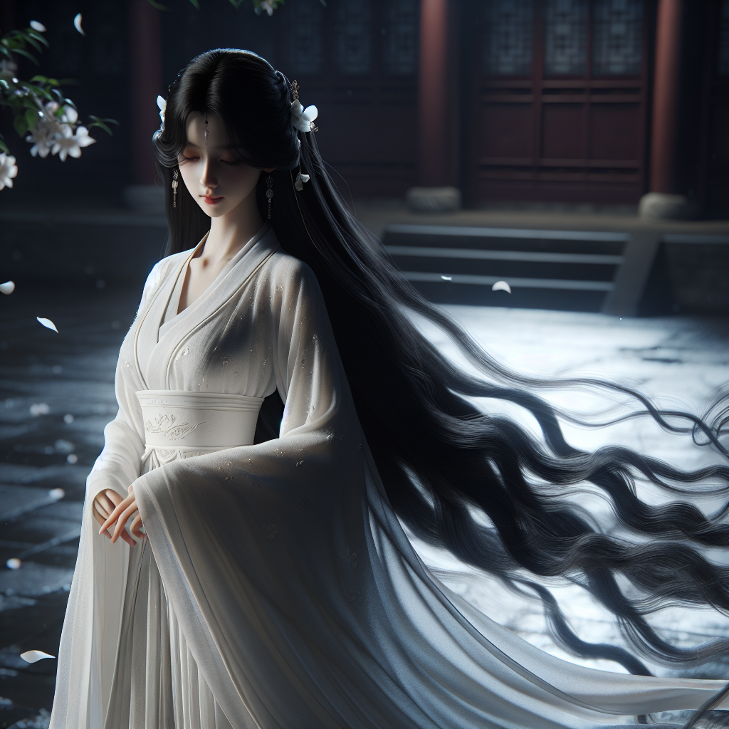 Create an image of a female character inspired by classical Chinese literature. She has long, flowing black hair and is dressed in graceful white robes. Her demeanor is calm and serene, giving her an ethereal beauty. She is standing in a peaceful traditional Chinese courtyard, the ground covered in fallen petals. The moonlight softly illuminates her figure, highlighting her elegant features.