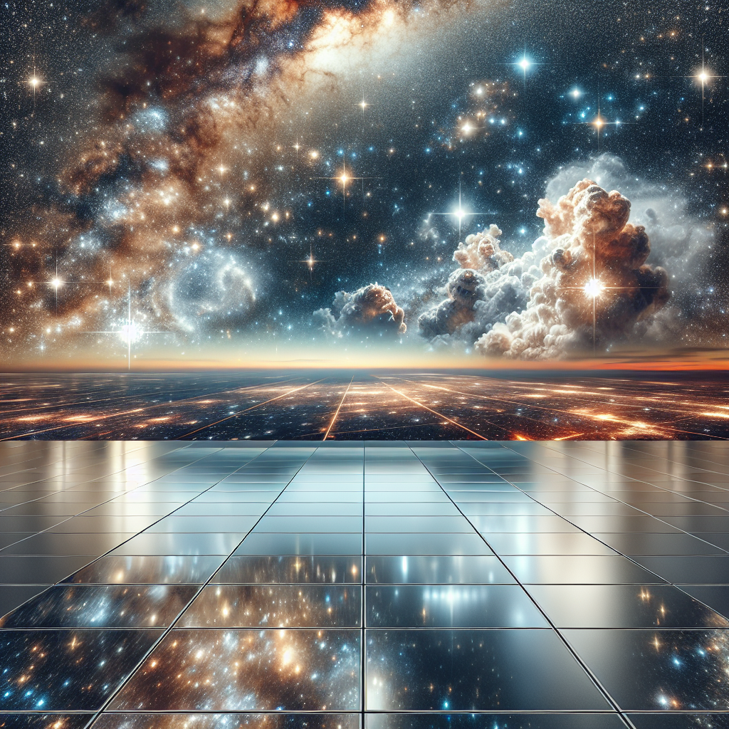 An image detailing a sprawling night sky abundant with twinkling stars and numerous galaxies, setting the tone of an expansive outer space. The foreground showcases a glossy PVC flooring that mirrors the radiant spectacle from above, adding an element of depth to the scene. High-resolution details bring to life a realistic cloud formation in the sky that shapes the words 'ChangLong'. The sparkling constellations in the background create a stunning contrast against the peculiar cloud formation.