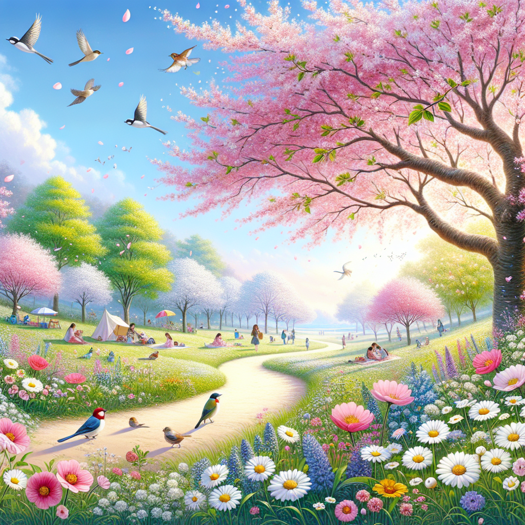 A beautiful spring scene where all things come back to life. In this image, cherry blossoms bloom fervently along a winding path, with pink petals gently falling in the breeze. Young green leaves are sprouting on trees, and wildflowers of various kinds cheerfully dot the landscape. Birds are joyfully chirping, fluttering their wings, and building their nests, adding vibrant life to the scene. Underneath a clear blue sky, people are picnicking, children are playing, and couples are leisurely strolling, truly living in the moment and appreciating the beauty of spring.