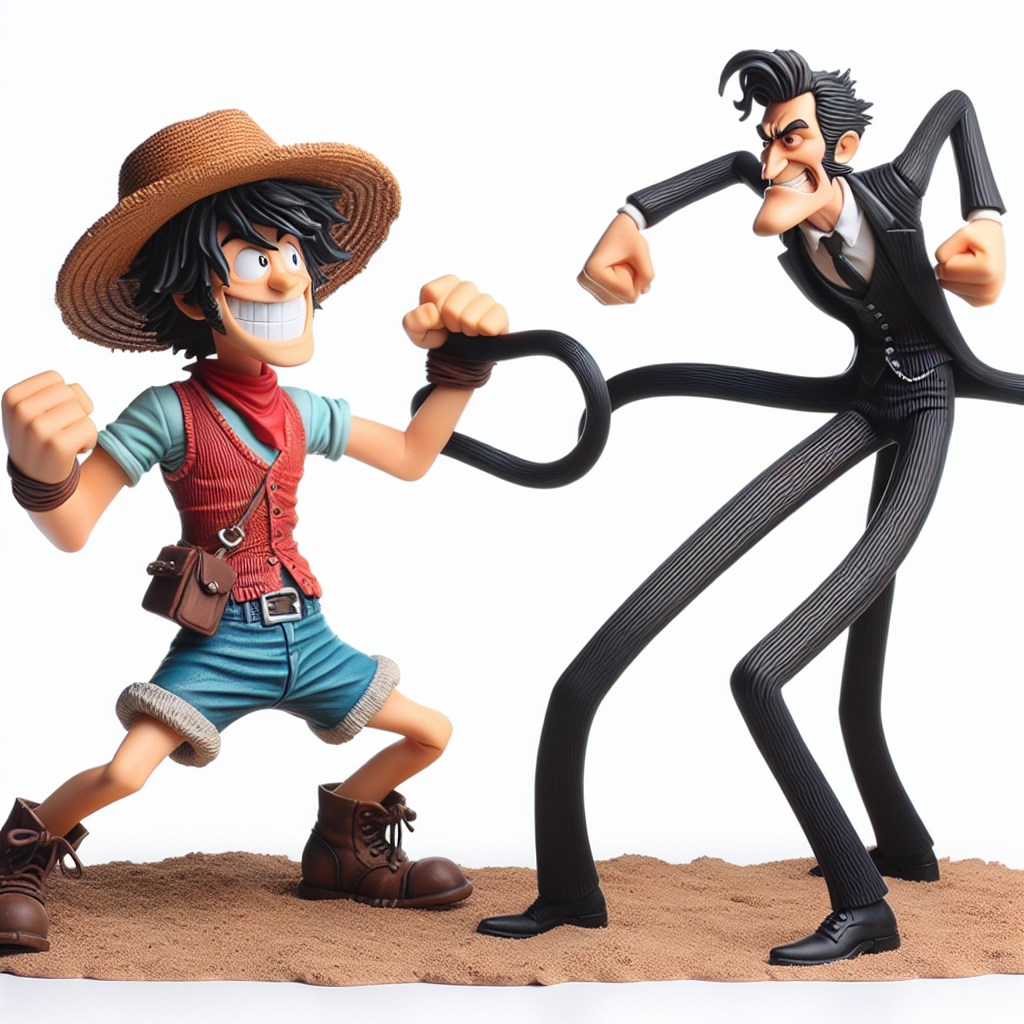 Create an image of a cheerful, free-spirited young man with black scruffy hair, wearing a straw hat, a red vest, and blue shorts, using his stretchable limbs to combat a tall, stern-faced man with black hair and a black suit. They are both portrayed in a dynamic, intense one-on-one battle scene.