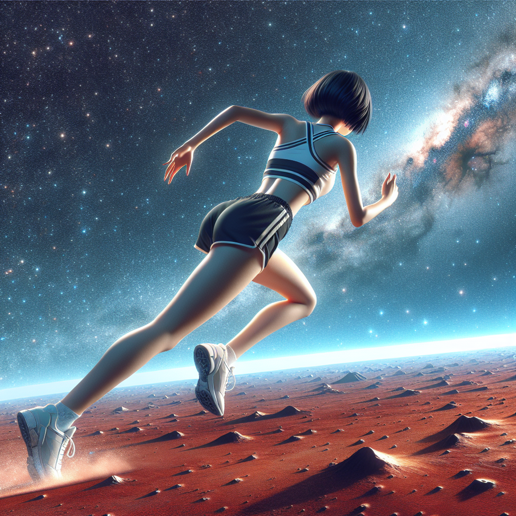 A tall, short-haired Chinese girl is depicted in athletic attire, passionately running on the Martian surface. Only her back is visible, illustrating the motion and dynamism of her action. An important aspect to capture in the image is the background, which should portray our deep blue Earth set against an expansive, enigmatic star-filled sky.