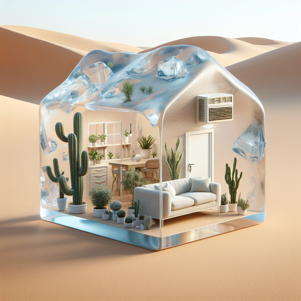 Create an image of a small house made entirely of glass, shaped like an iceberg, situated in the middle of a desert. Inside the glass house, distinctly show a sofa, houseplants, and an air conditioning unit.