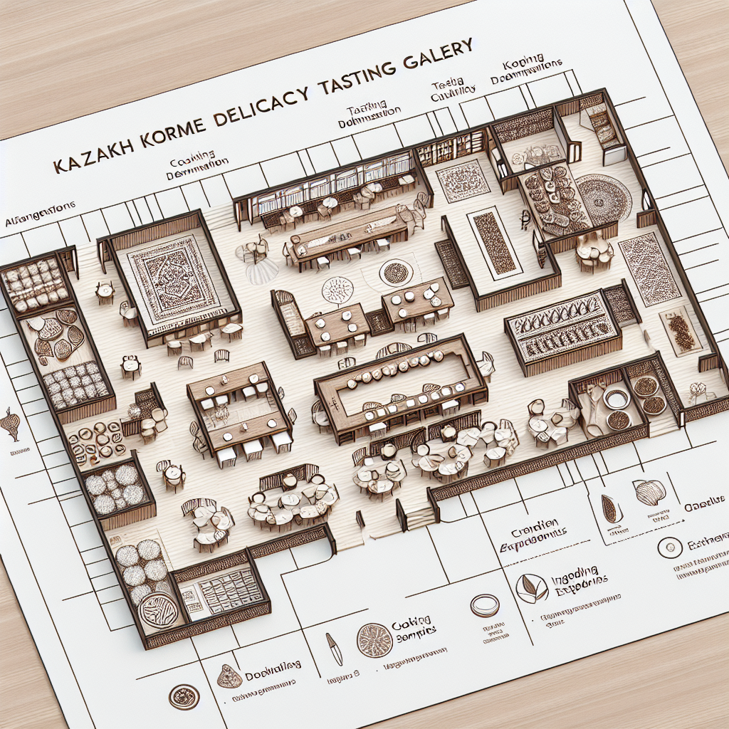 A detailed floor plan for a Kazakh Korme delicacy tasting gallery. The layout should include different areas dedicated to various aspects of Kazakh cuisine. The areas could possibly consist of cooking demonstrations, tasting samples, ingredient exhibits, and spaces dedicated to the history and culture of Kazakh culinary traditions.