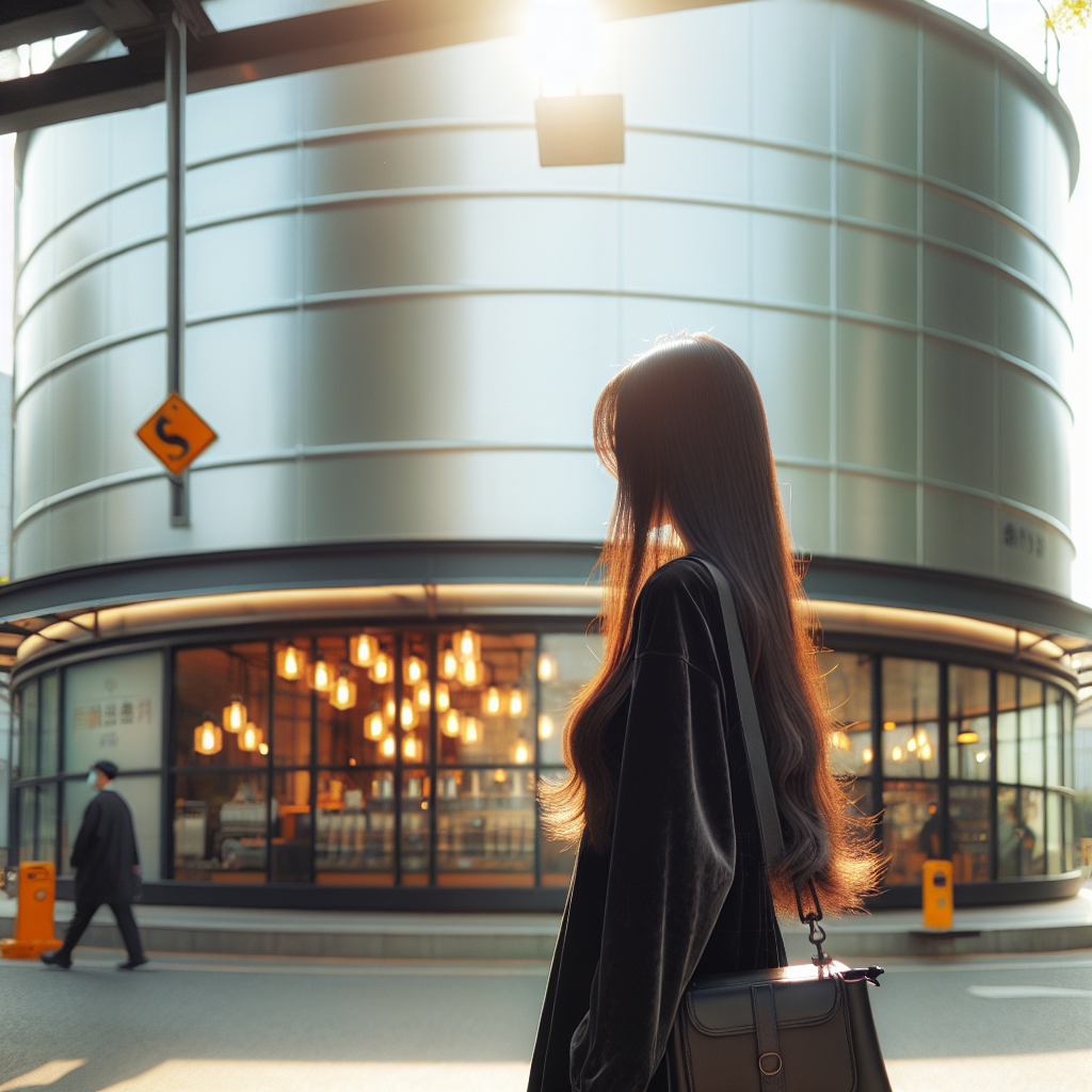 In the radiant afternoon light of spring, a tall and slightly overweight Chinese girl with long hair stands in front of a coffee shop. Her profile is captured as she glances back over her shoulder, a small bag hanging from it. The coffee shop has the semblance of a technologically advanced oil tank, adding an interesting contrast to the scene. The girl is positioned right in the middle of the image, her full silhouette perfectly outlined.