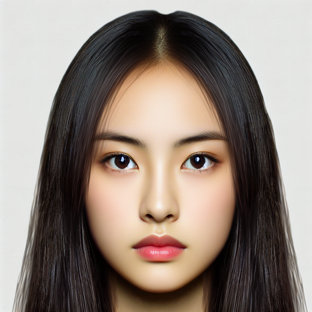 Generate an image of a beautiful modern Chinese woman facing forward with a serious expression. She has a melon-seed face, fair skin, a pair of almond-shaped eyes, petite lips, and long straight black hair.