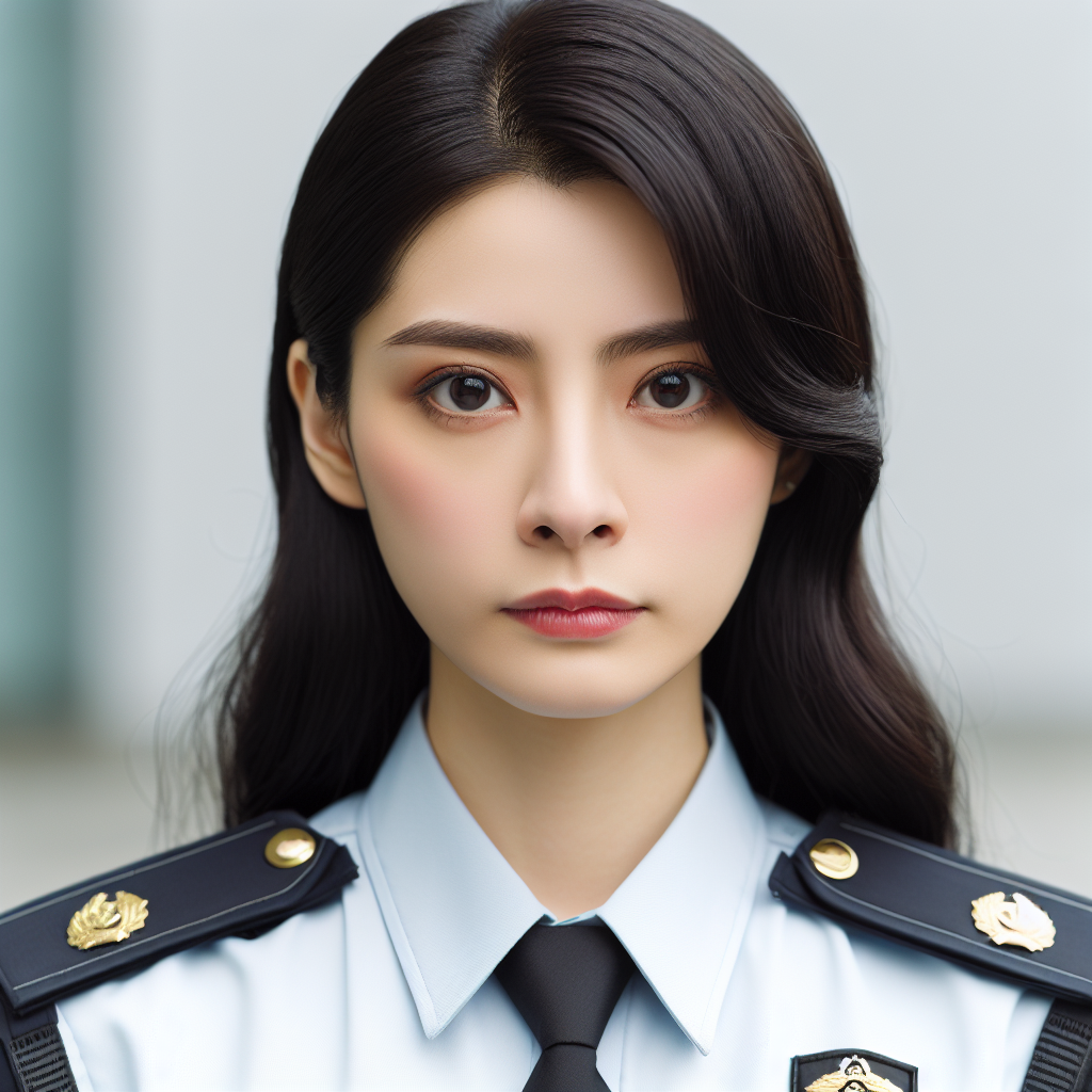 A young, beautiful and assertive Chinese female detective possessing innocence and pride. She is dressed in official uniform, epitomizing professionalism. Her features exude determination and passion for her profession.
