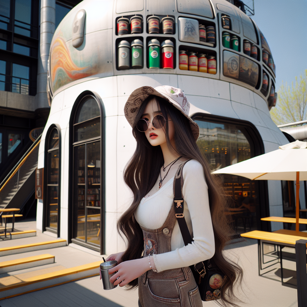On a splendid spring afternoon, a tall, slightly overweight Chinese girl with long hair is standing. She's wearing sunglasses, a artistic hat, and carrying a small bag on her shoulder. She is standing in front of a coffee shop that appears like a futuristic fuel tank in architecture. She's looking back with a side glance, as if caught in a candid moment. The whole figure of the girl needs to be seen, standing perfectly in the middle of the image.