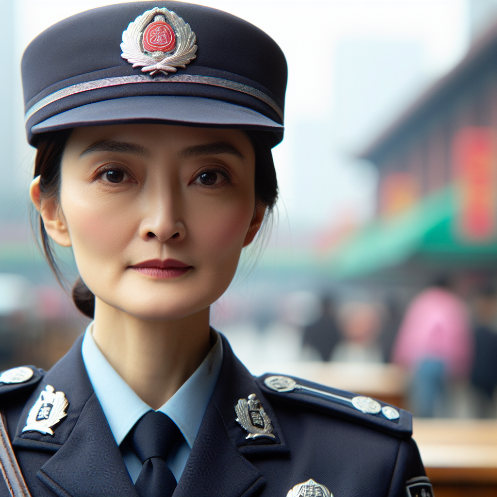 Create an image that depicts a Chinese Female Police Officer from a movie, with a clear view of her face. She is in her uniform, doing her duties conscientiously. She has a stern yet approachable facial expression, reflecting her dedication and compassion. Her hair is neatly tied up in a bun and she wears a cap with the emblem of her police department front and centre. The background is urban, maybe a bustling city street in the daytime.