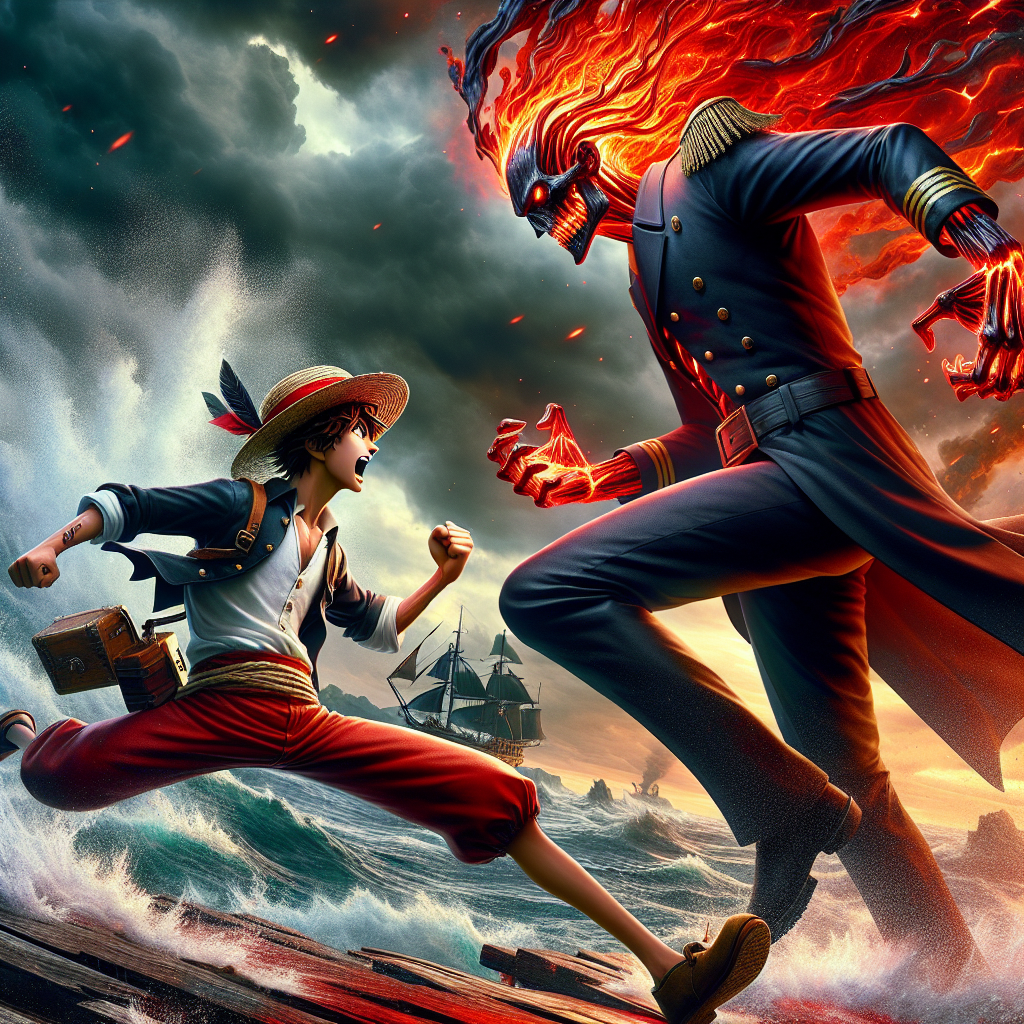 Generate an image of a young pirate with a straw hat and a rubber-like physique (embodying youthful energy and courage) energetically battling a taller, intimidating figure clad in navy attire. The navy officer's skin is as hard as magma, which radiates an ominous red glow. The setting is an intense marine battlefield, with chaotic sea waves and a turbulent, dramatic sky in the background. Both characters are tangled in dynamic combat postures, showcasing the high-stakes struggle between them.