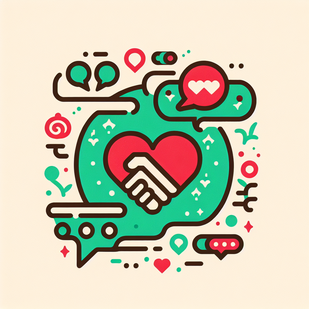An illustration representing a logo for a matchmaking WeChat group. The logo incorporates symbols of love and connection such as two joined hands, a heart, and digital elements like chat bubbles and a symbol for WeChat. The color palette includes warm and inviting colors like red for love and green to represent WeChat. The logo should be simple yet engaging, bringing across the idea of forming meaningful relationships through digital interaction.