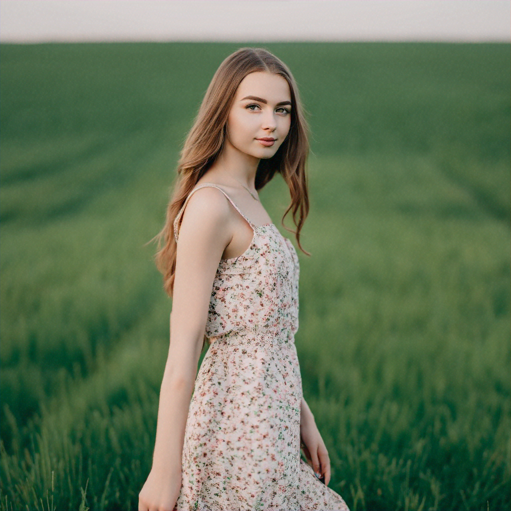 a beautiful girl walking on a green field, her face is looking at the camera