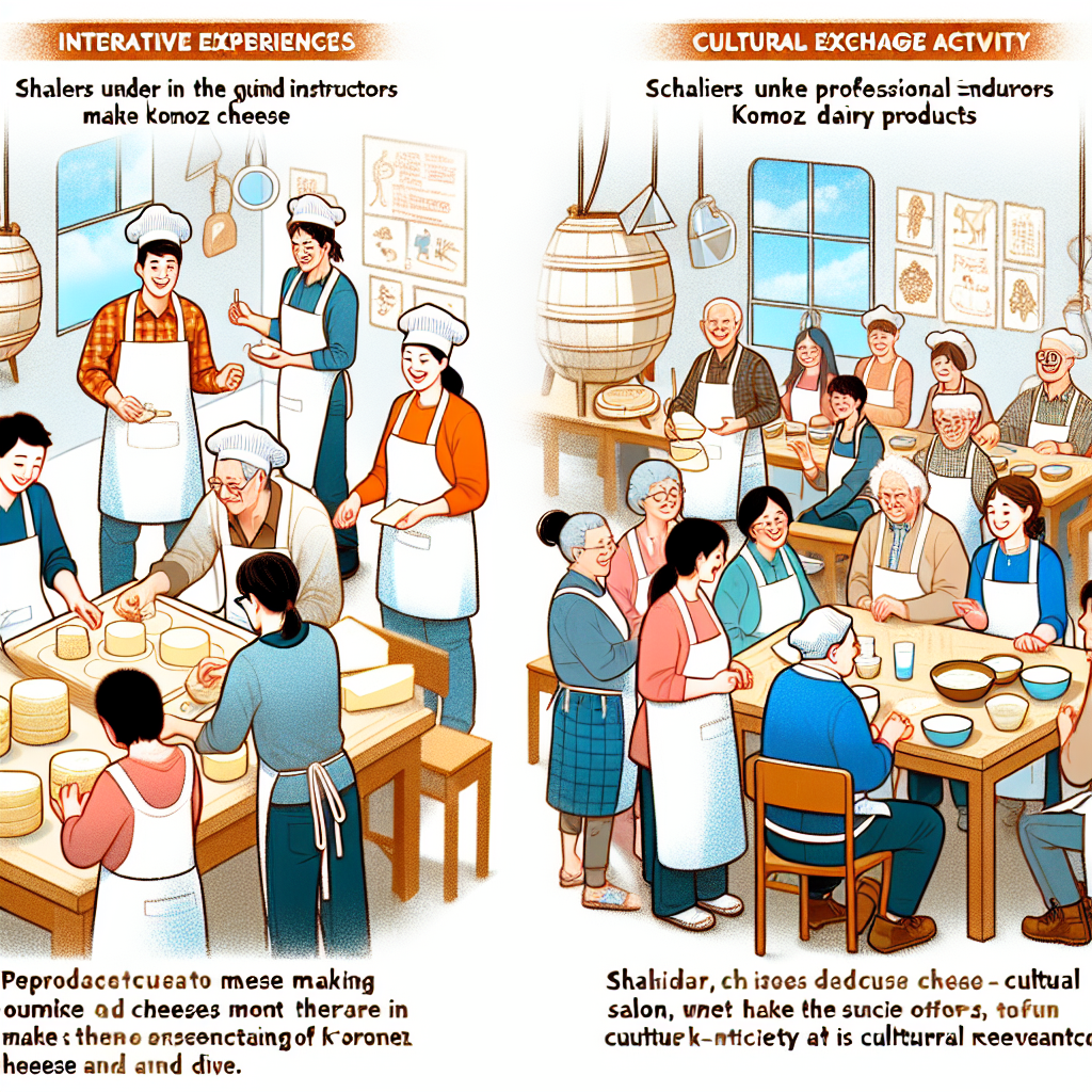 An image illustrating two interactive experiences. Firstly, a 'Komoz Cheese Making Workshop' where tourists under the guidance of professional instructors make their own komoz cheese. It is a lively scene of people wearing aprons, laughing and having fun while there is also a sense of concentration and learning. Secondly, a 'Cultural Exchange Activity' where periodic cultural salons are held. Scholars and tourists are invited to discuss the cultural significance of komoz dairy products. There is a diverse group of people gathered, engaged in spirited discussion and exchange of ideas about cheese antiquity and its cultural relevance.