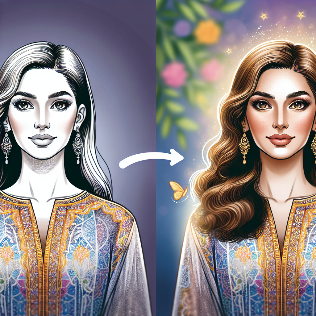 Depict a transformation of a woman to a more attractive version of herself. The woman should be of Middle-Eastern descent, with hair falling over her shoulders. Post-transformation, she maintains her natural beauty with a noticeable glow on her skin, her hair now styled magnificently, wearing an elegant dress that complements her physique and eyes sparkling with confidence