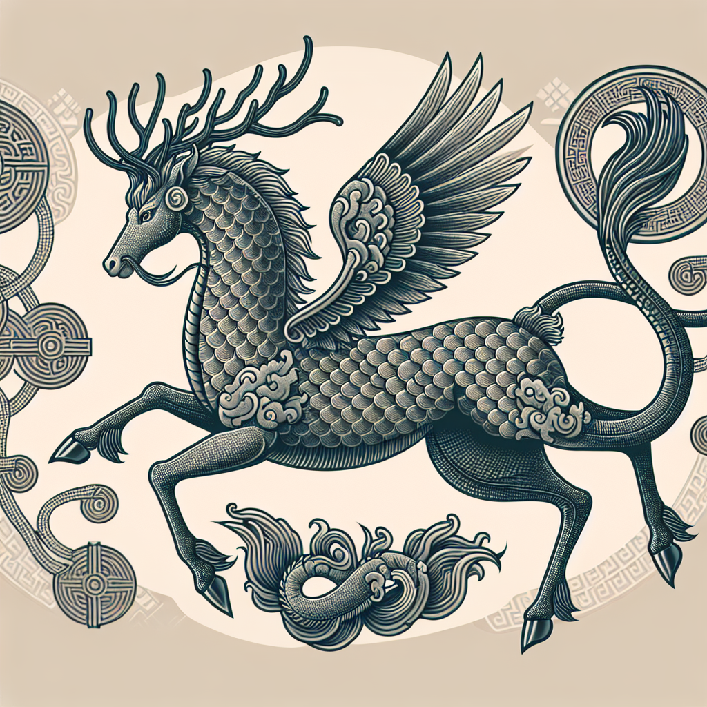 An imagery representation of a mythical creature known as Kirin, seen in Chinese mythology. This creature is depicted as having a body of a deer, with hooves of a horse, a dragon-like head adorned with a brilliant set of antlers, scales covering its body, and an elegant long tail. It's believed to be emanating a gentle aura that personifies peace and serenity.