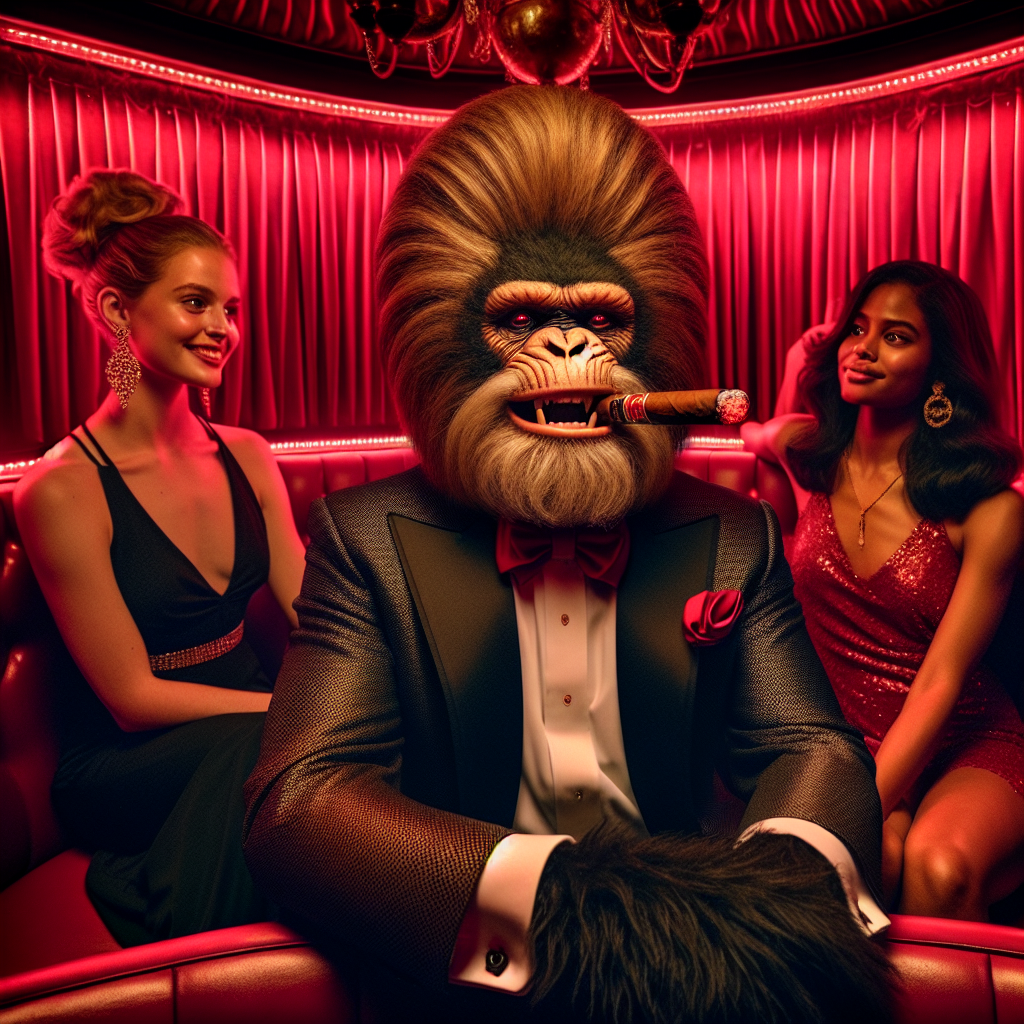 Inside a booth at a romantically lit red nightclub sits a robustly built monkey dressed in a suit. He is surrounded by three beautiful dancers of diverse descents: one Caucasian, one Hispanic, and one Black. The monkey's hair stands on end, his right ear is adorned with four earrings, he holds a tremendous cigar in his mouth, and his red sunglasses reflect a dazzling light.