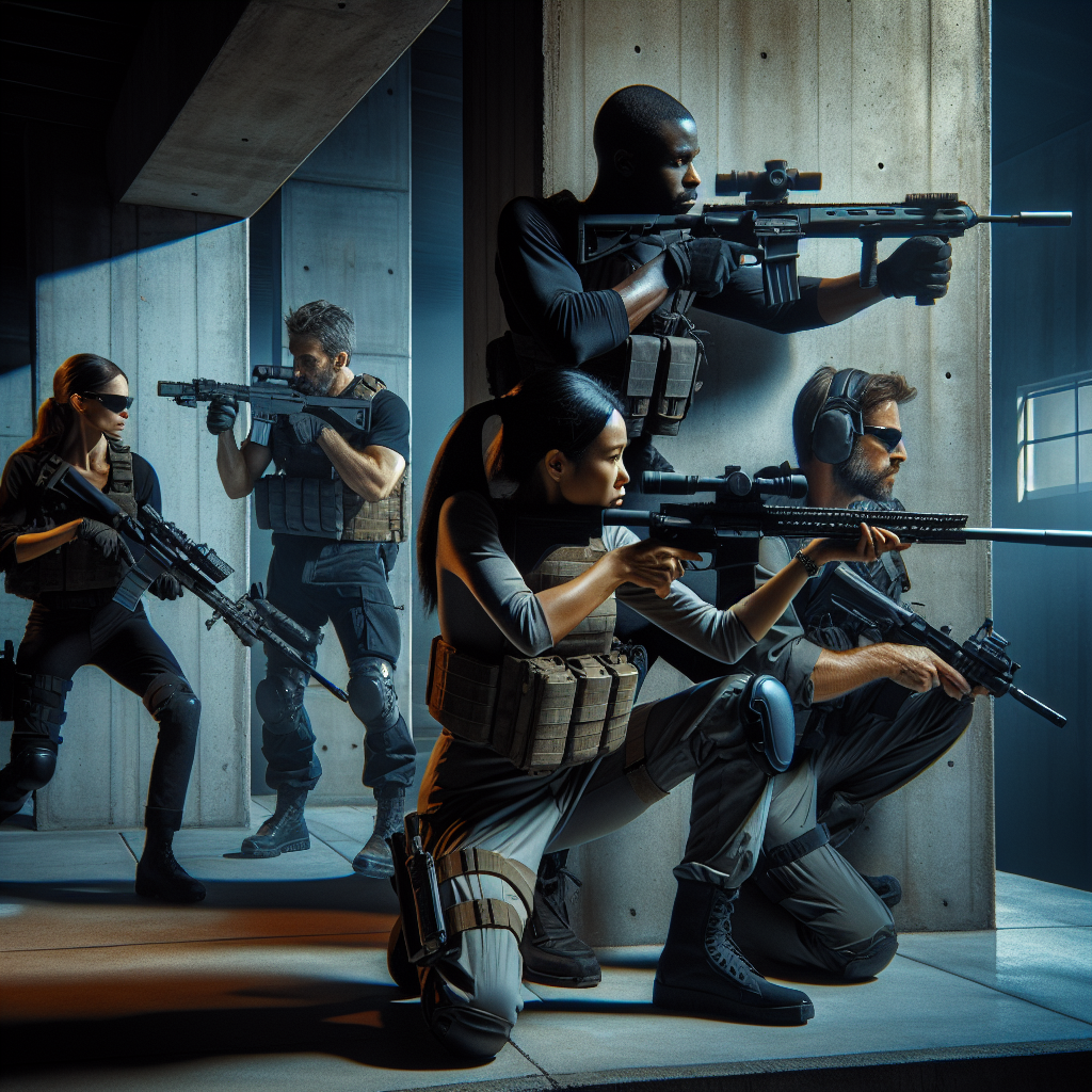 An intense scene of a special operations mission. There is a diverse team of highly trained soldiers: a Black male with a sniper rifle positioned on a high vantage point, a South Asian female gracefully maneuvering through shadows armed with a silenced pistol, a Caucasian male disarming sophisticated security equipment with well-honed skills, and a Hispanic female using advanced technology for communication and surveillance. The backdrop is a concrete urban environment under the cover of night.