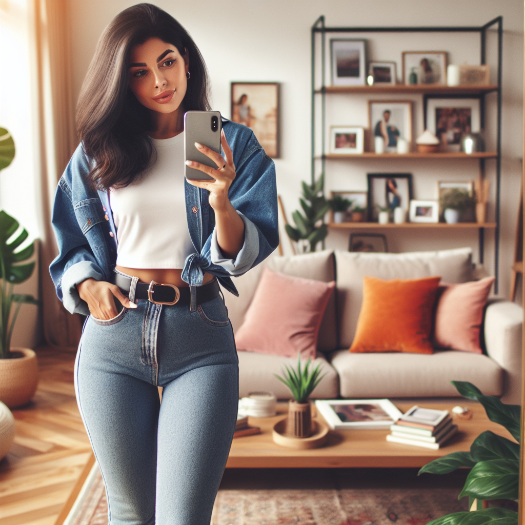 Create an image of a casually dressed, South Asian woman taking a mirror selfie to show off her physique. She should be standing in her living room, with a coffee table and a comfortable couch in the background. The decor of the room should be vibrant and homely, with personal touches such as family photos, indoor plants and a pile of books at hand.