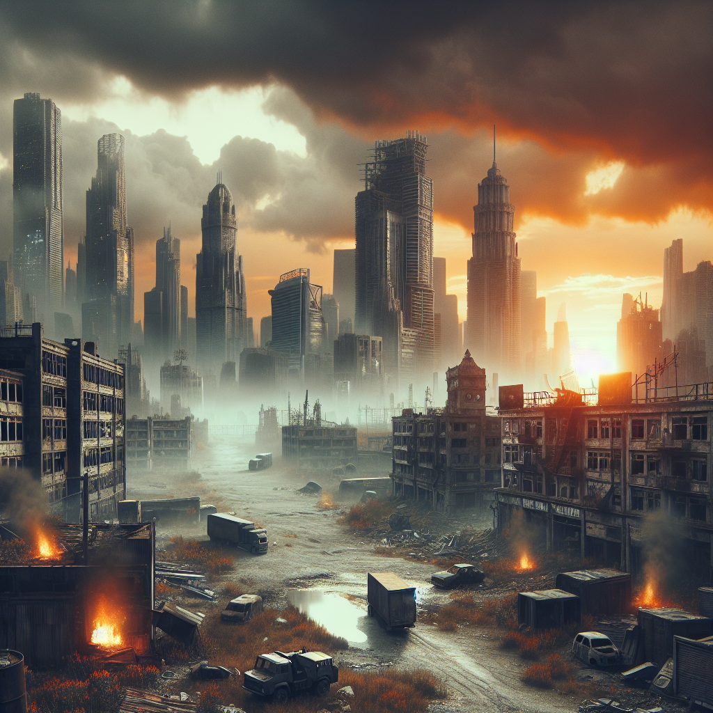 Create a realistic photo in the style of science fiction, depicting a scenario of a dystopian world post-apocalypse. The scene unfolds in a deserted cityscape with dilapidated buildings, abandoned vehicles and a smoky cloudy sky. Pockets of flame flicker in the distant skyline, illuminating the remnants of a once vibrant metropolis now consumed by a quiet, eerie desolation.