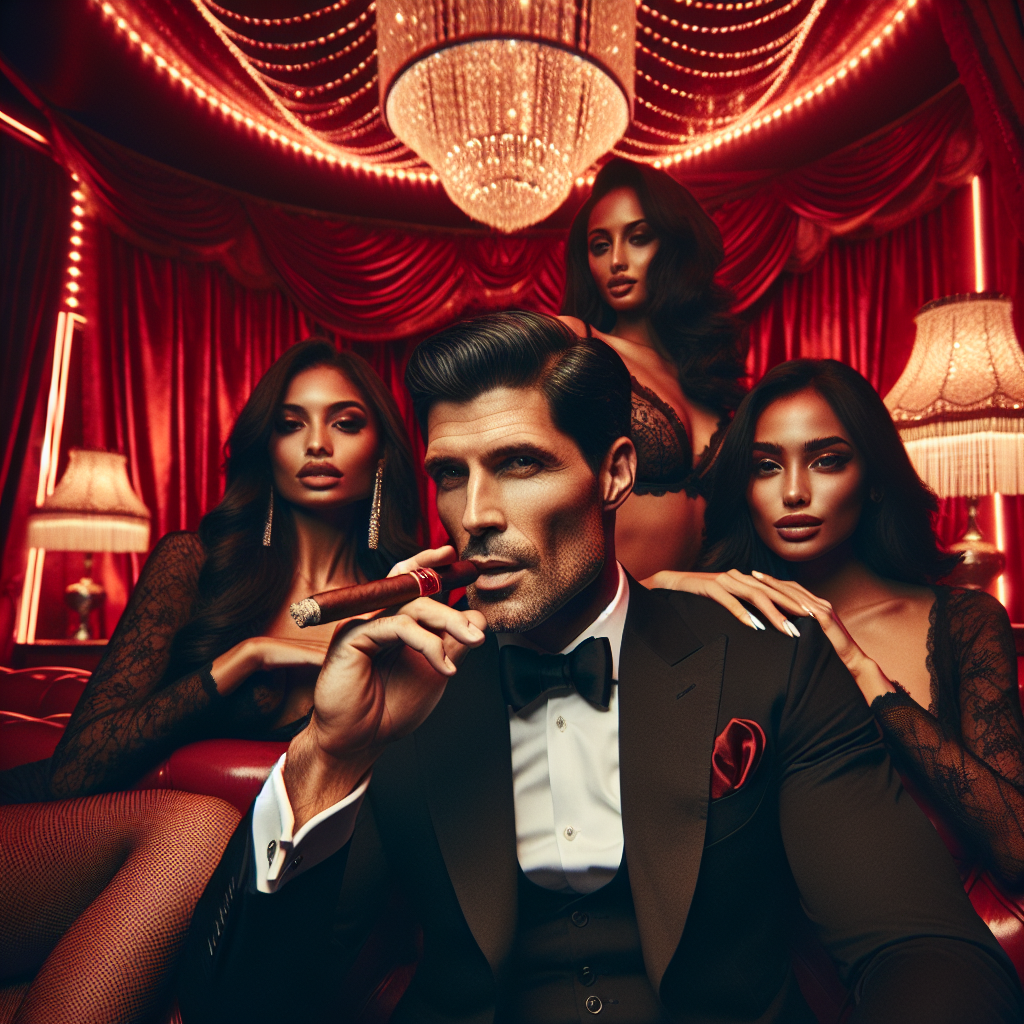In the plush booth of a Romantic-era, red-lit nightclub, a robust and authoritative CEO is surrounded by three enchanting female dancers. The CEO holds a model cigar in his mouth that is reflecting dazzling light. The CEO is of Hispanic descent and the dancers are of varied descents - one is Black, one is Middle-Eastern, and one is South Asian.