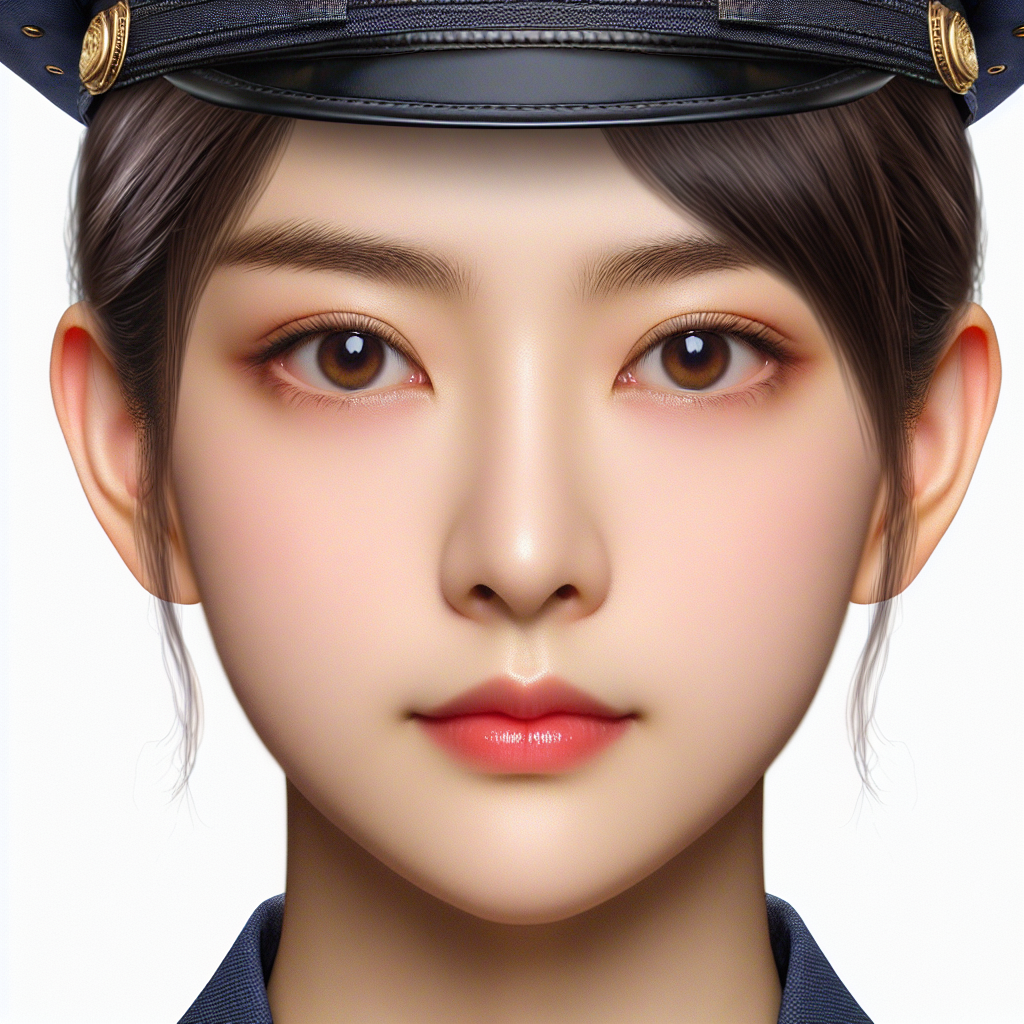Create a detailed image of a young and beautiful female police officer of Chinese descent. She should have a melon-shaped face, almond eyes, light, smooth skin, and neat, ear-length hair. The image should be focused so it clearly displays her face.