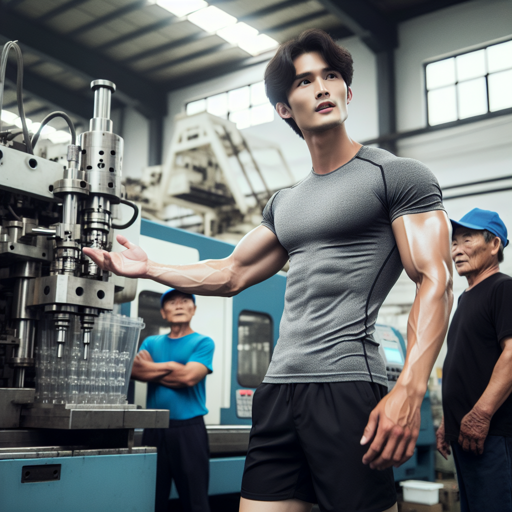 A fit young Chinese man with perfect body lines, dressed in sport shorts and a T-shirt, standing next to an injection molding factory machine, giving instructions to workers with a serious expression. The factory is buzzing with activity and it is evident that the man is absorbed in his task. The machinery is large and complex, humming with the rhythm of the industrial process. The workers are paying close attention to his instructions, reflecting a sense of respect and attentiveness.