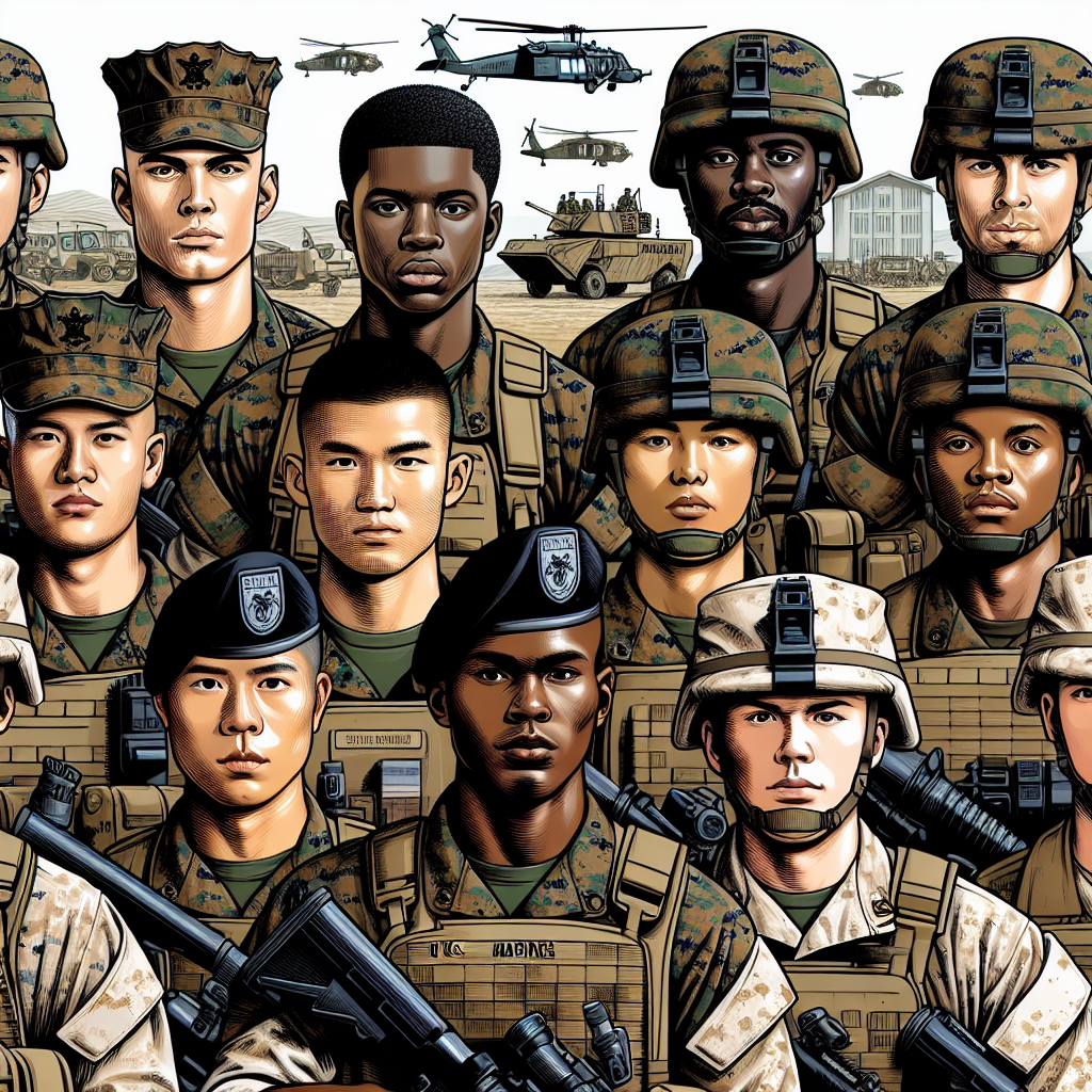 A detailed illustration showing United States Marines in combat uniforms. The marines portrayed should include a diverse set of ethnicities, including Caucasian, Hispanic, Black, Middle-Eastern, South Asian, and White individuals. Each marine should exhibit discipline and team work, emphasizing their rigorous training. The background should consist of a military base, with various military equipment such as personnel carriers and combat helicopters.