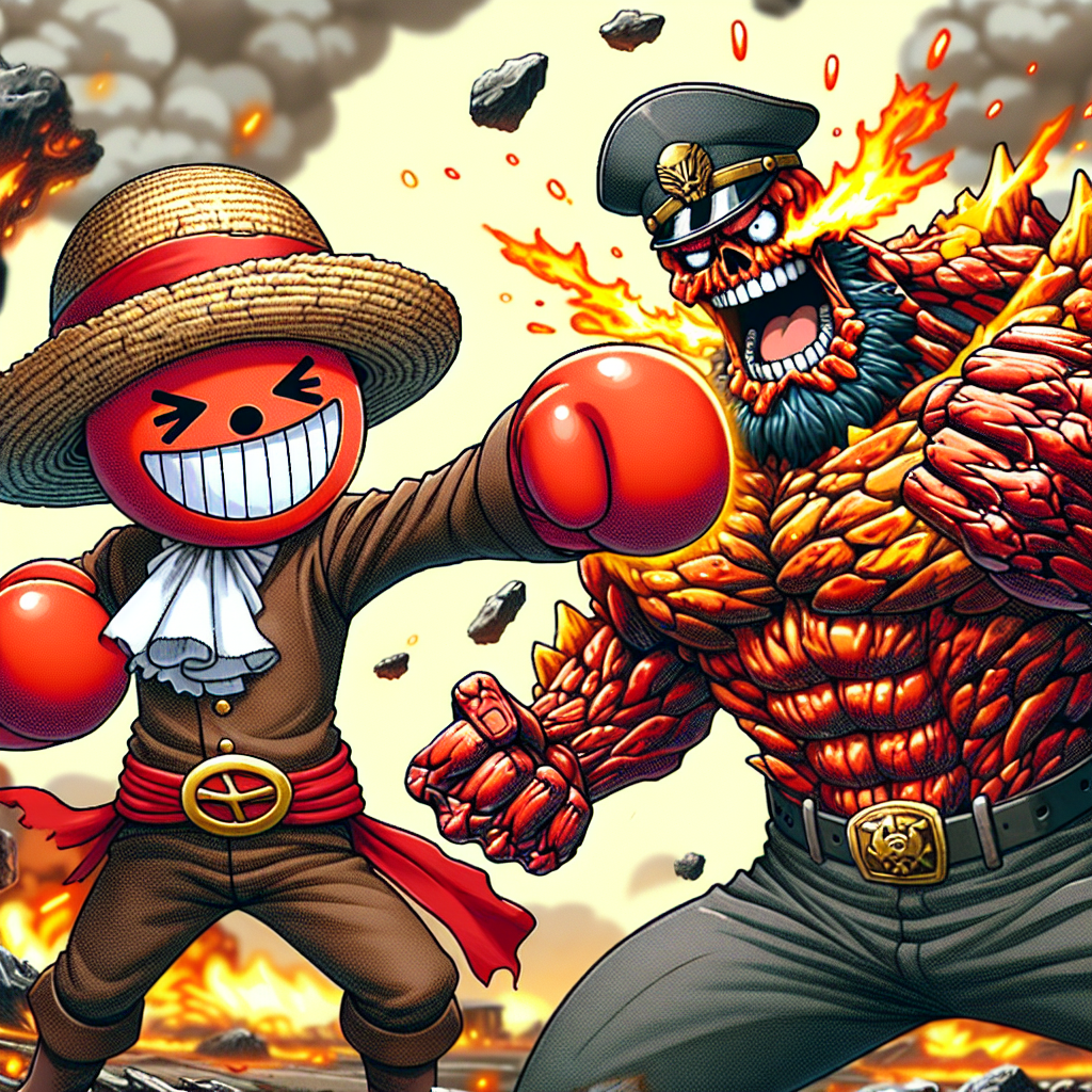 Create an image of a cheerful pirate with a straw hat fighting a stern general of the marine forces. The pirate punches with undying spirit and enormous strength which makes his fist look enlarged. The general is characterized by his magma-like skin texture and bright red clothes. They are in the midst of a heated fight, surrounded by the chaos of a battlefield covered in smoke and debris.