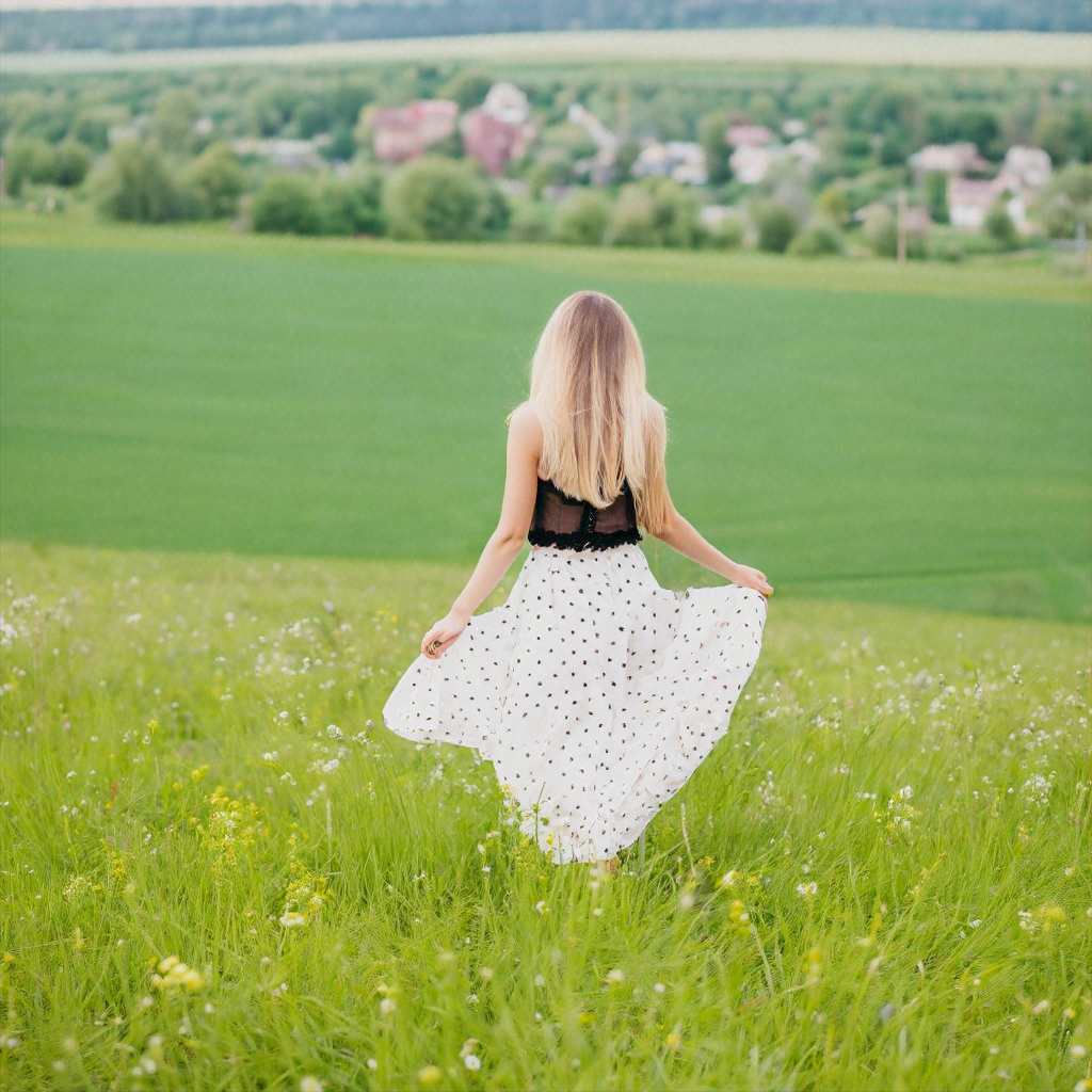 a beautiful girl walking on a green field