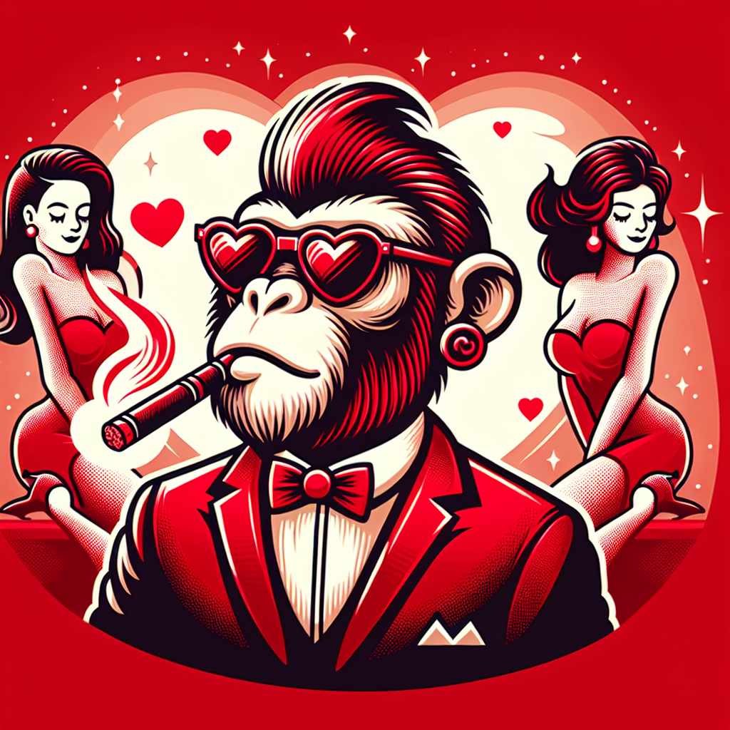 A red romantic nightclub depicting a robust monkey in the VIP booth. This monkey is dressed in a suit, and surrounded by three glamorous dancing ladies. Its hair is standing up, with four earrings on the contour of the right ear. The monkey is puffing on a huge cigar, while its red sunglasses reflect a dazzling light.