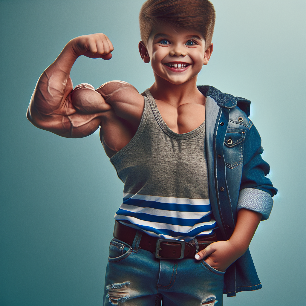 Create an image depicting a muscular child, dressed in casual attire, his athletic build evident despite his young age. He should be grinning with confidence and excitement, embodying the spirit of youth and vigor.