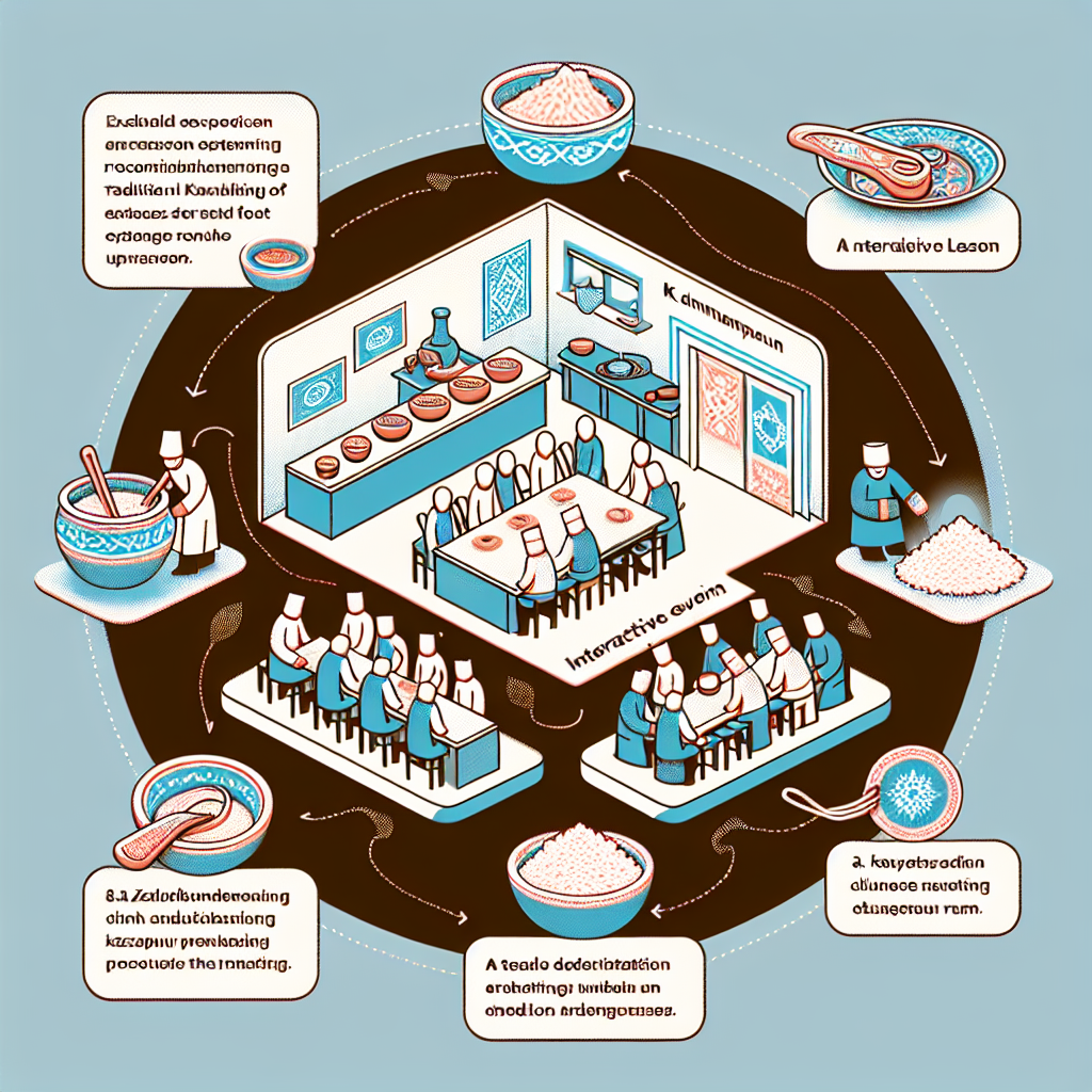 A detailed representation of an interactive event. The event includes a hands-on lesson in a classroom where attendees can personally experience the process of making traditional Kazakh kumis, starting from the preparation stage to the tasting one. This would provide a comprehensive understanding of the food culture of Kazakhstan. The event would also provide an opportunity to taste other traditional Kazakh delicacies, such as hand-pulled rice and grilled meat.