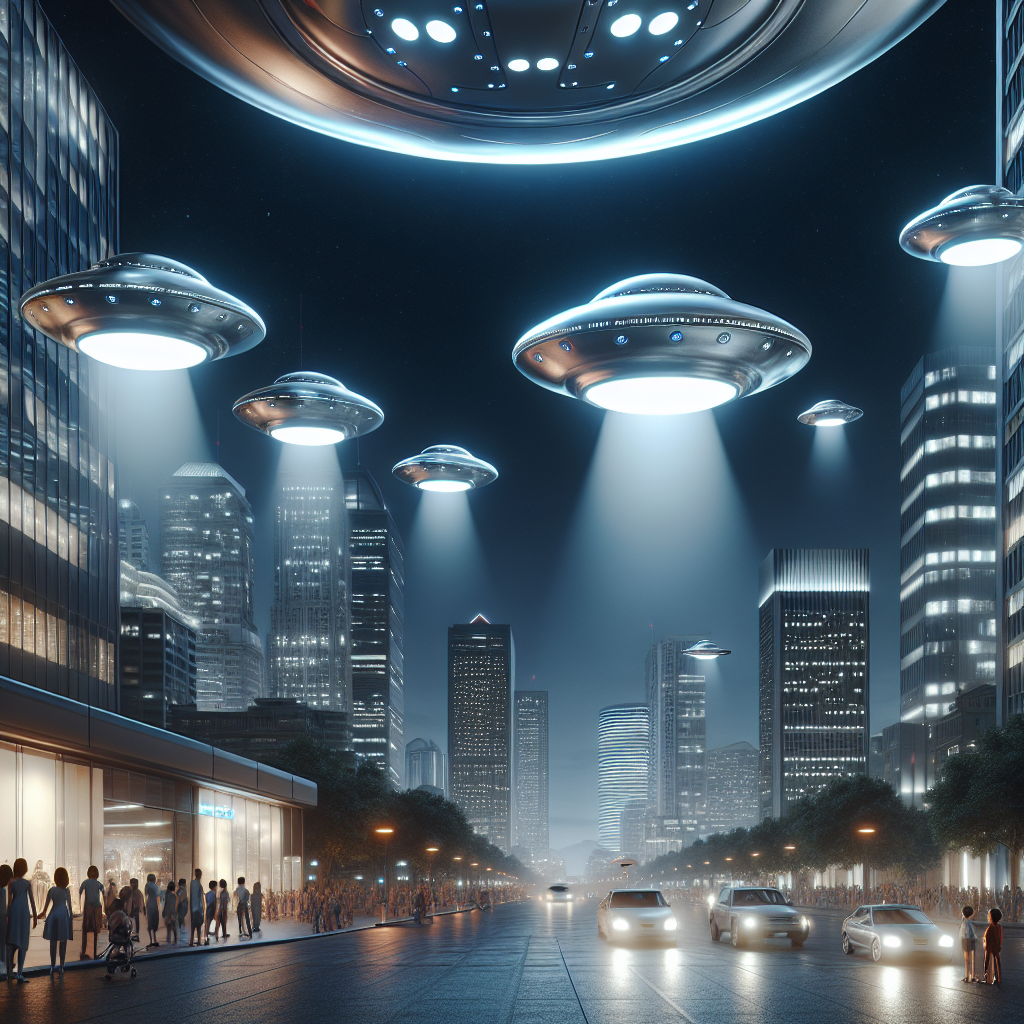 Depict a scene in a realistic style: At night, a modern city skyline is filled with silver UFOs hovering between skyscrapers reflecting the city lights, creating a sense of futurism and mystery. Focus on the smooth surface of the UFOs, the reflective lights, and the contrasting lights and shadows of the city buildings. On the streets below, people of different ages, genders, and backgrounds are looking up at the UFOs with expressions of surprise and curiosity. Some are taking photos, while children appear excited. The UFOs cast a soft glow, illuminating the surrounding air and creating spots of light on the ground, contrasting with the city lights. Focus on the managing of the lights and the shadows, and the reflections of the light on the buildings and people's faces. A close-up of the entrance or engines of the UFOs shows details such as panel lines, lights, and unknown symbols, with the city silhouette blurred in the background. Focus on the fine details, material, and the lighting effects on the surface of the UFOs.