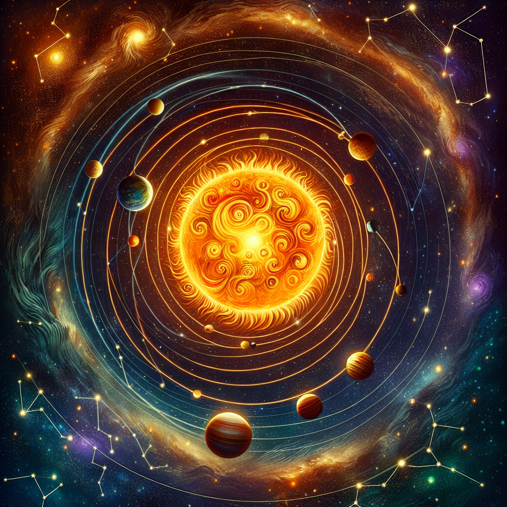 An image illustration of the sun with its 8 planets spiralling in the cosmos. The cosmic backdrop is entangled with constellations, specifically, Draco and Phoenix. The sun is vibrant and illuminated, each planet clearly defined and orbiting the sun in a spiralling path. The constellations come to life amidst this cosmic dance, intertwining in the endless expanse of space.