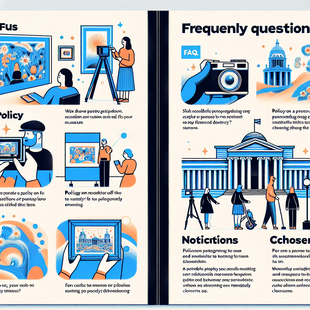 Illustration of a detailed Frequently Asked Questions (FAQs) visual guide for visitors at a museum. The guide should cover possible queries, such as policy on photographing exhibits and notifications on temporary closures.