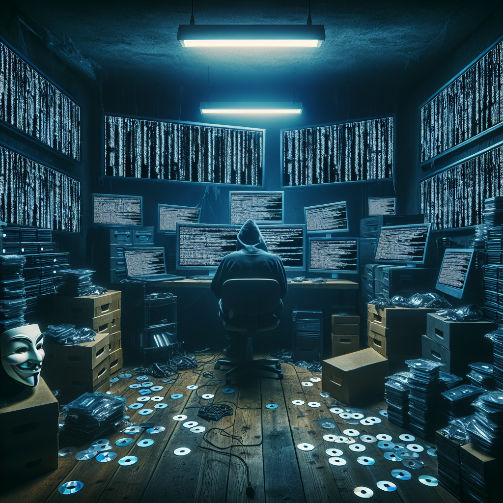 An eerie scene depicting the dark web. Include a dimly lit room full of computer screens displaying lines of code, masks signifying online anonymity, and piles of unmarked CDs. There's a sense of mystery and foreboding. The room should resonate with the chaos and lawlessness often associated with the dark web. Do not include any graphic or illicit elements.