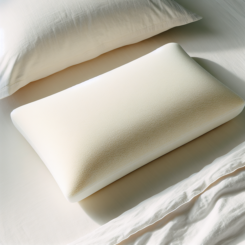 An image of a memory foam pillow. The pillow is rectangular in shape, in light beige color and has a soft velvety texture. It is laid on a clean, crisp white bedding, inviting one for a comfortable sleep. The memory foam pillow conforms to the shape of the head and neck, relieving pressure points and providing support for a restful night's sleep.
