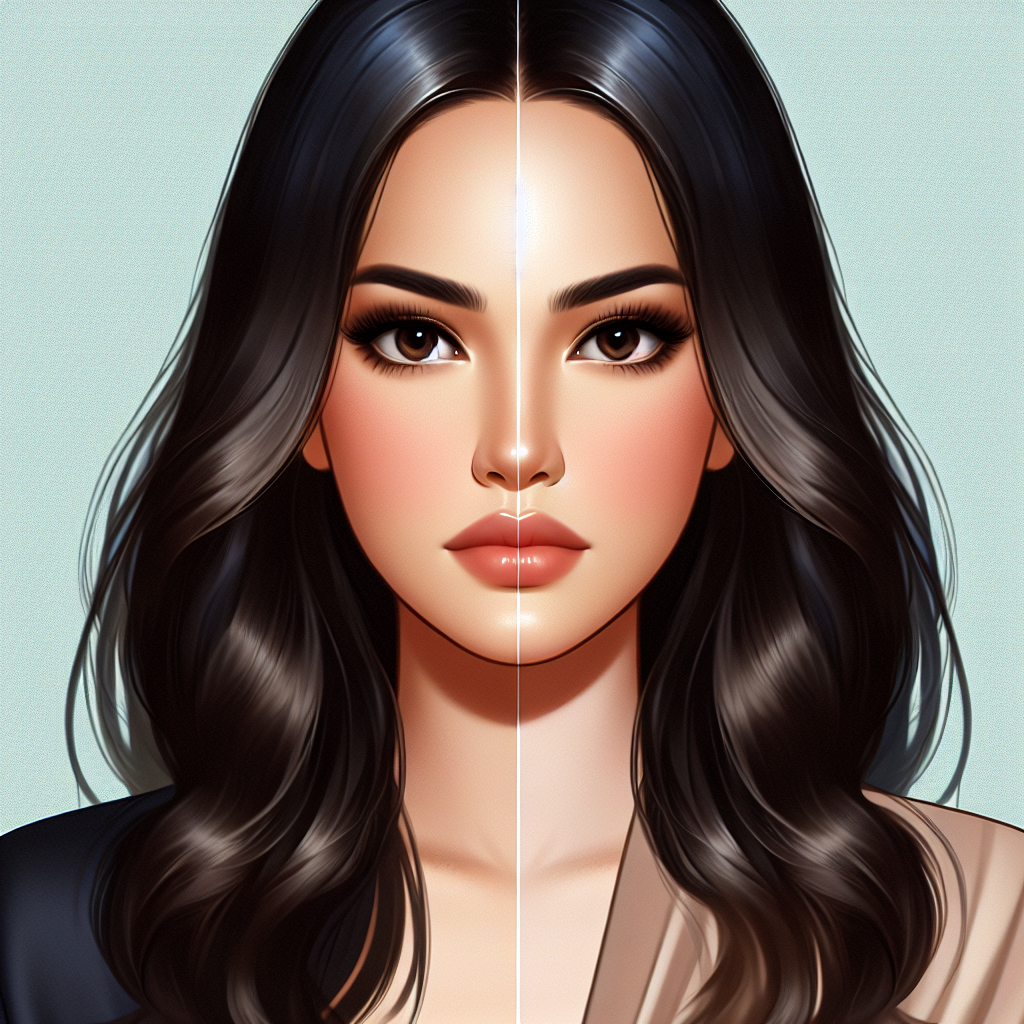 Create an image of a universally recognized beautiful woman that incorporates elements of both Western and Eastern standard of beauty. She has long, silky black hair styled in loose waves, almond-shaped dark eyes, high cheekbones, full lips, and a slender figure. She is wearing a blend of modern Western and traditional Eastern attire, highlighting a cultural fusion. This woman could be of a mixed Caucasian and Asian descent to represent both Western and Eastern features.