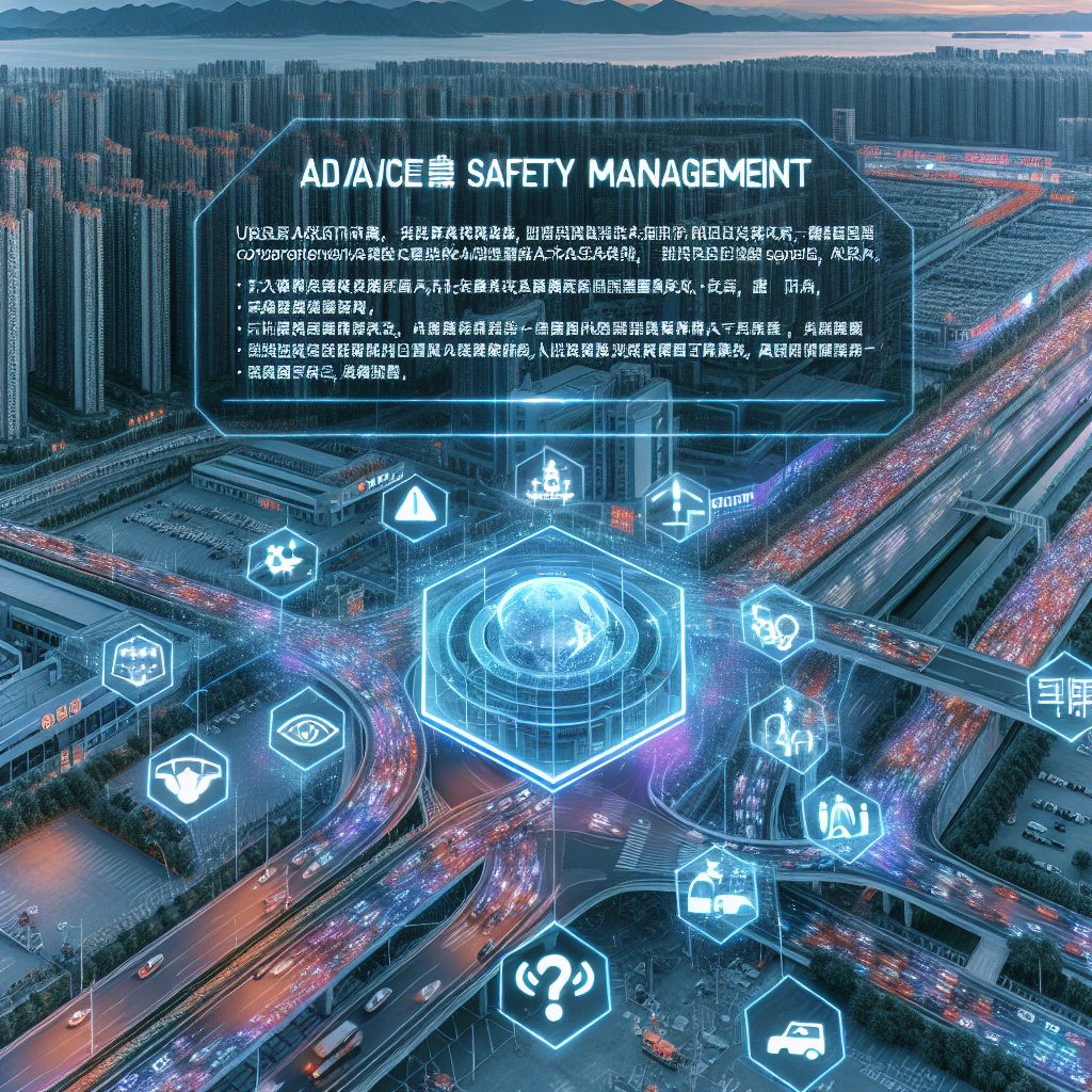 Generate an image with the backdrop of a service area in Liaoning, China. The image should feature advanced safety management in operation: Utilize Artificial Intelligence-based video analytics that promptly and accurately analyzes and processes information concerning people, vehicles, space, traffic flow, devices, and events for warnings and forecast. Please include Chinese textual descriptions.