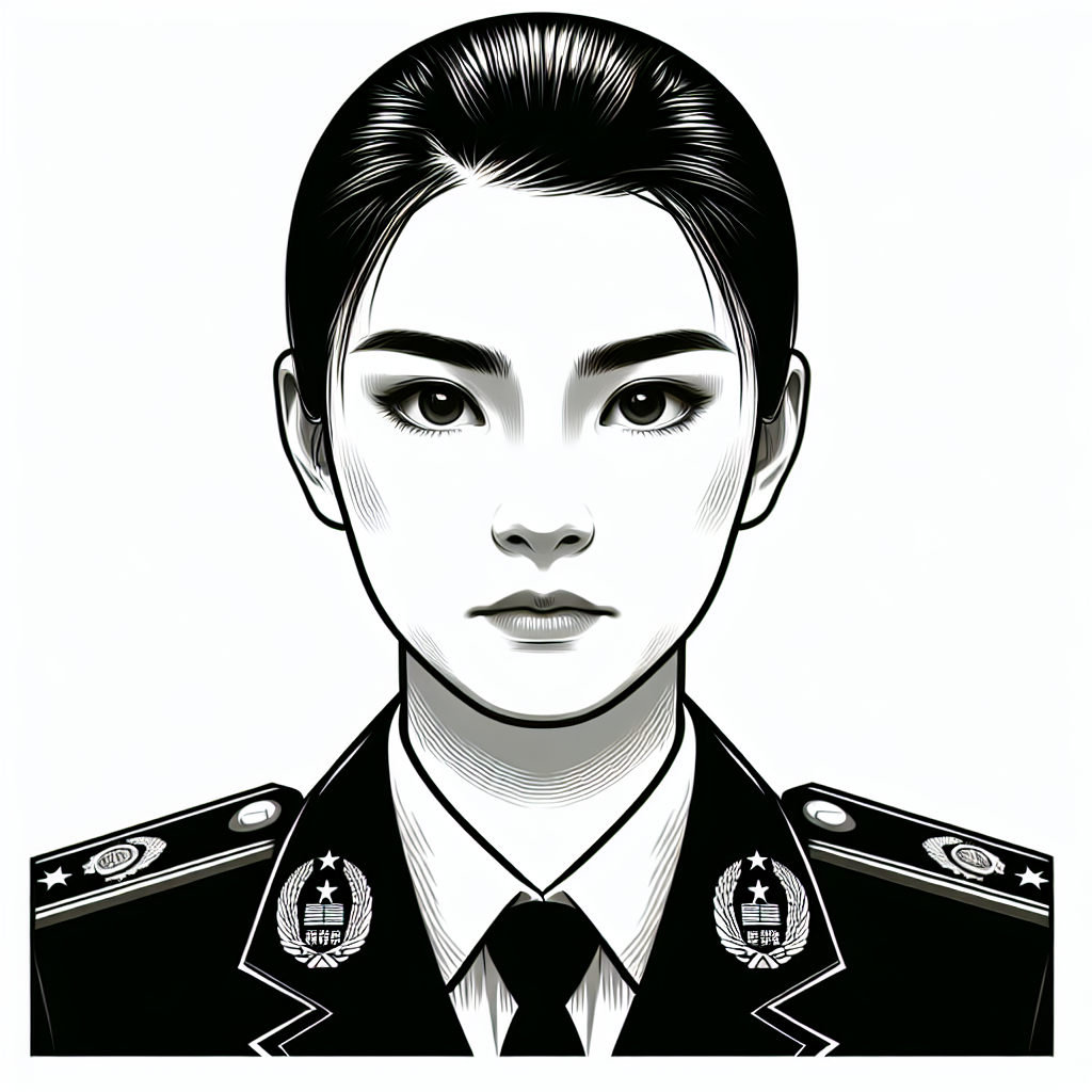 Depict a female Chinese police officer in her uniform. The image should focus on her face which is clearly visible. She has almond-shaped eyes, carefully-trimmed dark eyebrows, and a determined expression symbolizing justice and commitment. Her hair is tied into a neat bun. The collar of her uniform is high and adorned with emblem denoting her position.