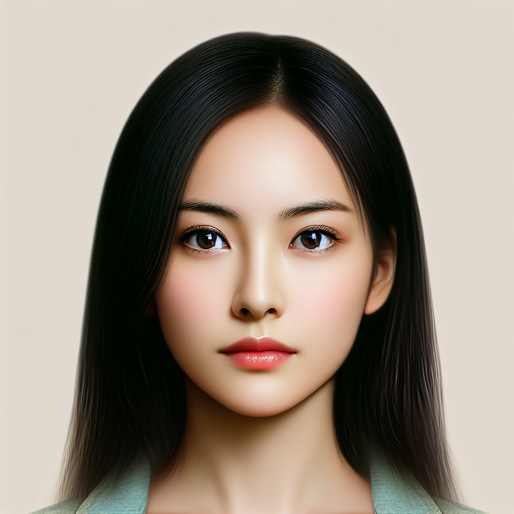 Generate an image of a beautiful modern East Asian woman with a serious expression. She has a melon seed-shaped face, fair complexion, almond-shaped eyes, small lips, and long straight black hair, bearing a mild resemblance to a generic East Asian actress, but uniquely individual.