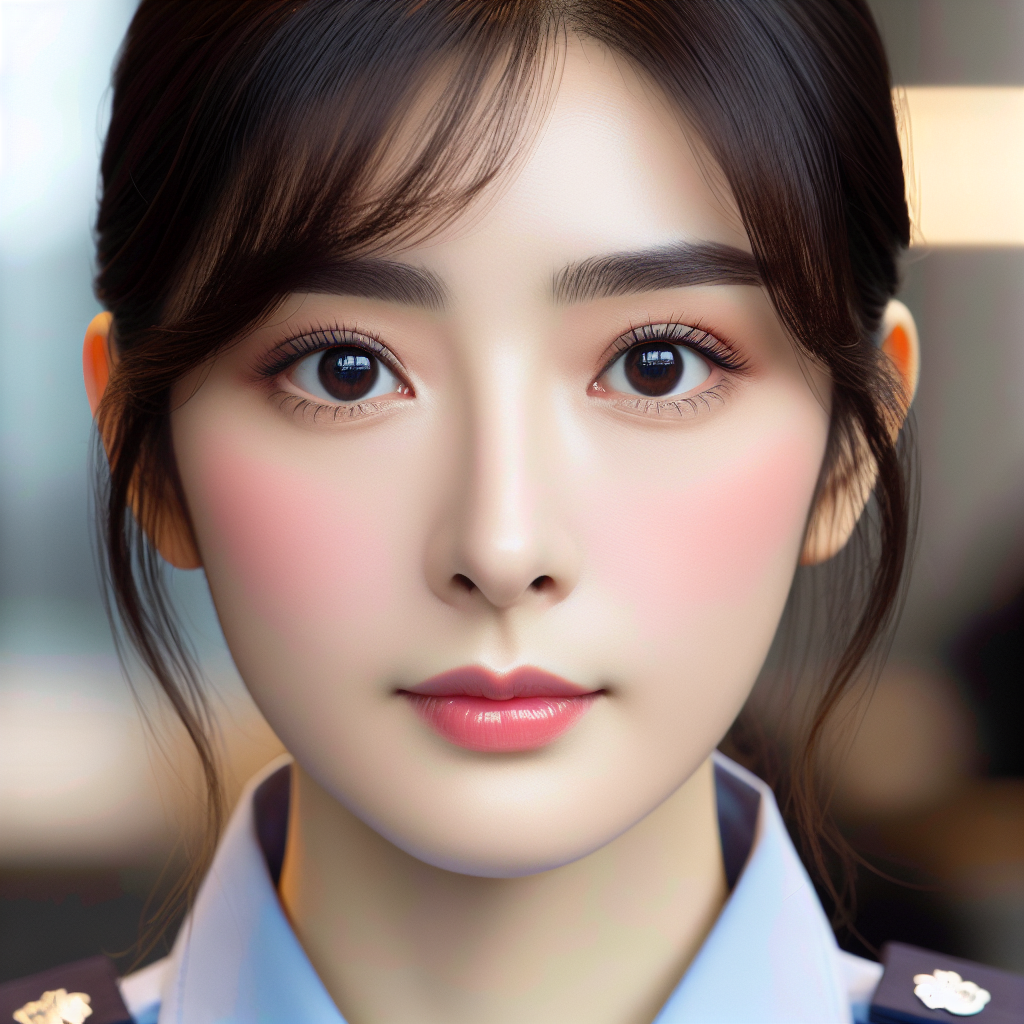 An image featuring a young, beautiful Chinese policewoman as seen in movies. She has a melon seed-shaped face (a common metaphor for an oval-shaped face in Chinese culture), peach blossom eyes (a symbol of charm and attractiveness in China), and a fair, delicate skin. The image should clearly show her face.