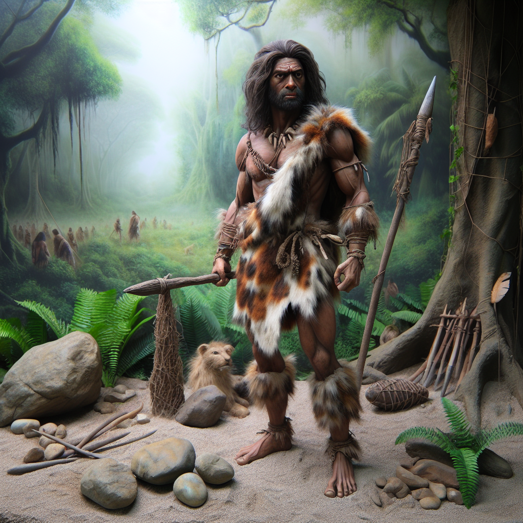 Create an image of a prehistoric human. The figure, a South Asian male, is depicted in a natural setting. He wears animal hides for clothing and holds a primitive wooden spear in one hand. His hair is long and unkempt, symbolising his life in the wilderness. Unrefined stone tools are scattered around him on the ground, suggesting his nomad lifestyle. The background features dense foliage and large trees, implying a time when vast forests covered most of the earth. Balancing the rawness of prehistoric life, observe the man’s confident posture, testifying to his survival skill and adaptiveness.