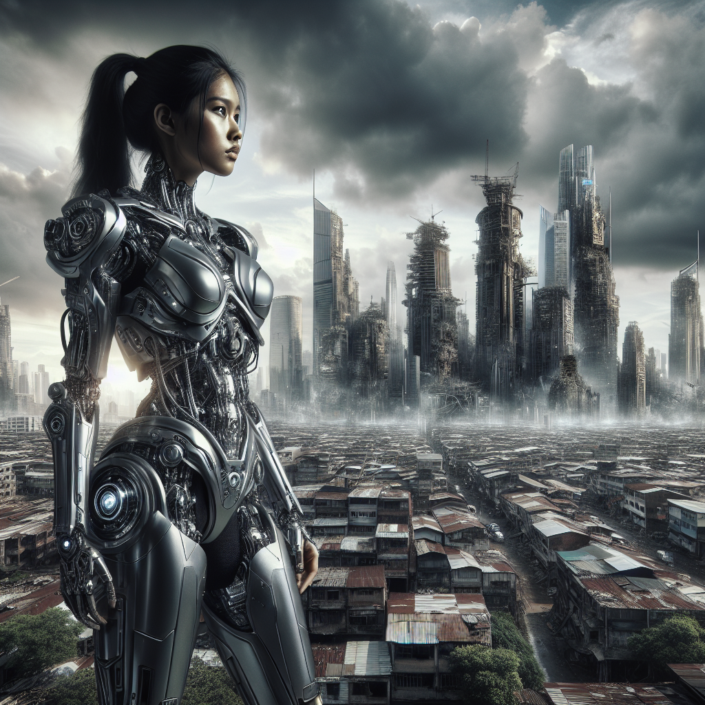 A South Asian female warrior wearing advanced cybernetic armor, standing tall and facing a run-down dystopian cityscape. The city behind her has tall crumbling skyscrapers, punctured with the evidence of disaster and chaos. The sky above the city is full of dark clouds, hinting at pollutant elements. The warrior, poised and resilient, seems ready to face the bleak world before her. The armor she wears gives off a metallic gleam, depicting an intricate blend of technology and raw strength.