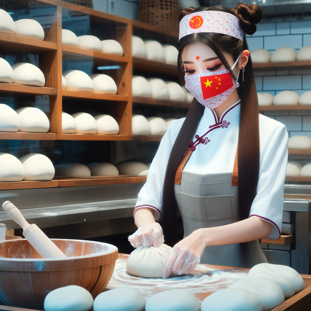 Visualize a Chinese girl with long hair and perfect contours, wearing a mask patterned with the Chinese flag. She's dressed in a very Chinese-style work outfit, industriously kneading dough in her bun shop. The shop is clean and tidy, and the overall aesthetics should be quite beautifying.