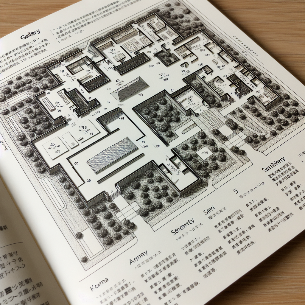A meticulously detailed map of a gallery dedicated to the Koma culture, situated on the last page of a brochure. The map visibly marks the specific locations of each exhibition area and service facility within the gallery.